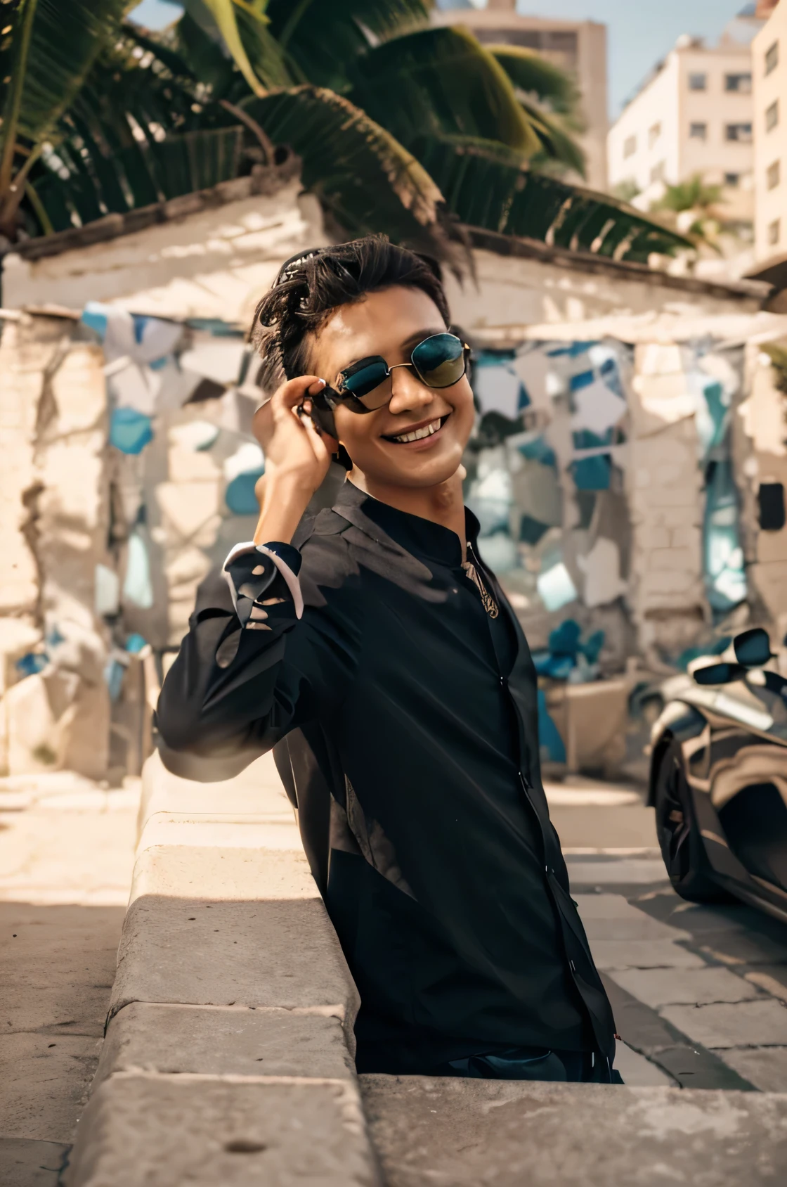 Boy with futuristic background realistic face hd 4k quality sunglasses smiling 