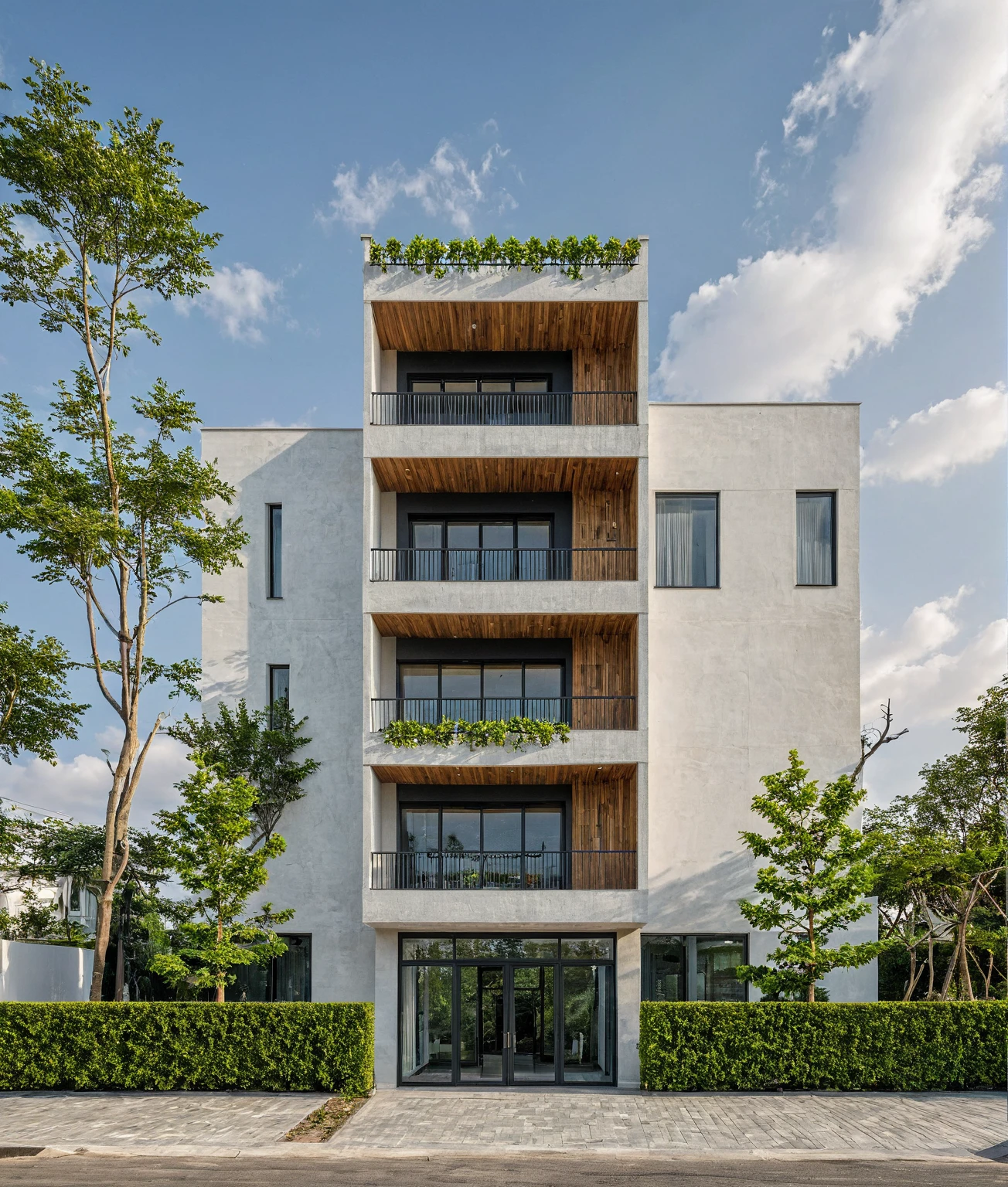 Masterpiece, high quality, best quality, authentic, super detail, outdoors, onestoreyvillaXL, aiaigroup, house style modern on the street ,stairs, white wall ,road,pavement, grass, trees, sky, cl, coud, (daylight:1.1), ceiling wooden, railing steel
