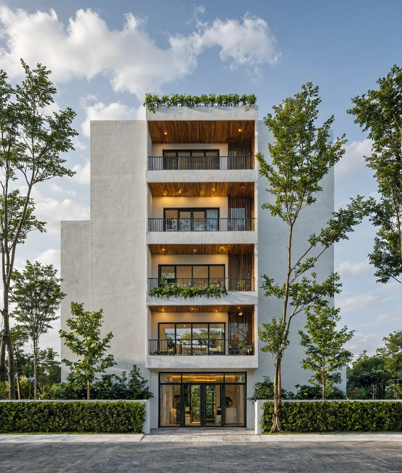 Masterpiece, high quality, best quality, authentic, super detail, outdoors, onestoreyvillaXL, aiaigroup, house style modern on the street ,stairs, white wall ,road,pavement, grass, trees, sky, cl, coud, (daylight:1.1), ceiling wooden, railing steel