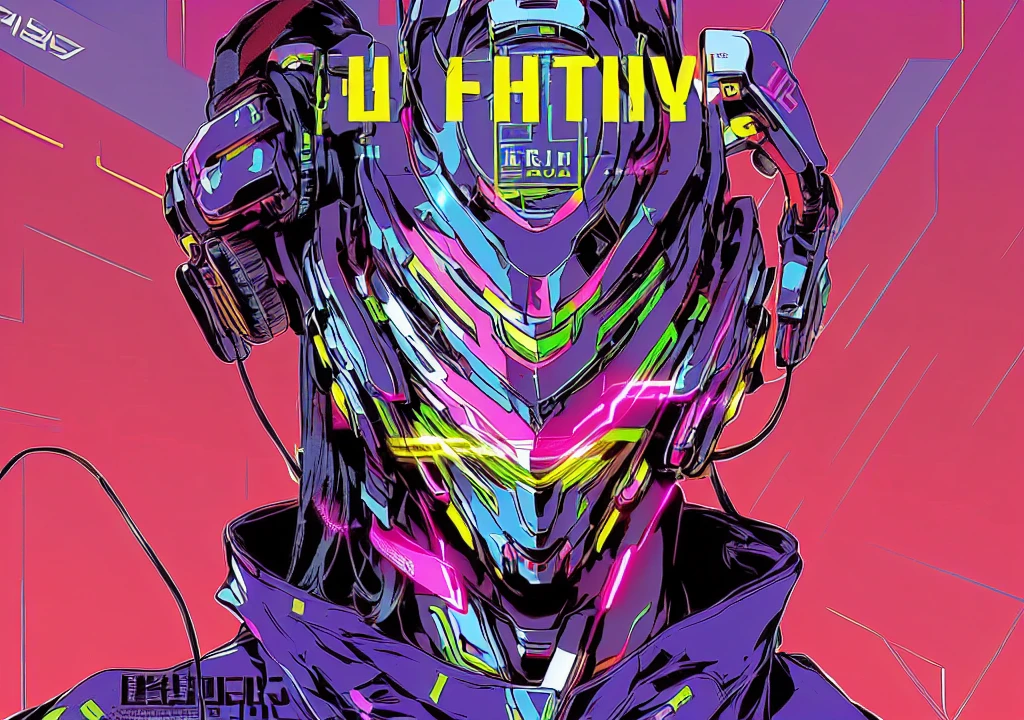 Close-up of a man wearing a helmet and headphones with two hands over the headphones and a logo on the helmet, cyberpunk comic cover art, future cyberpunk, cyberpunk girl drawing, 