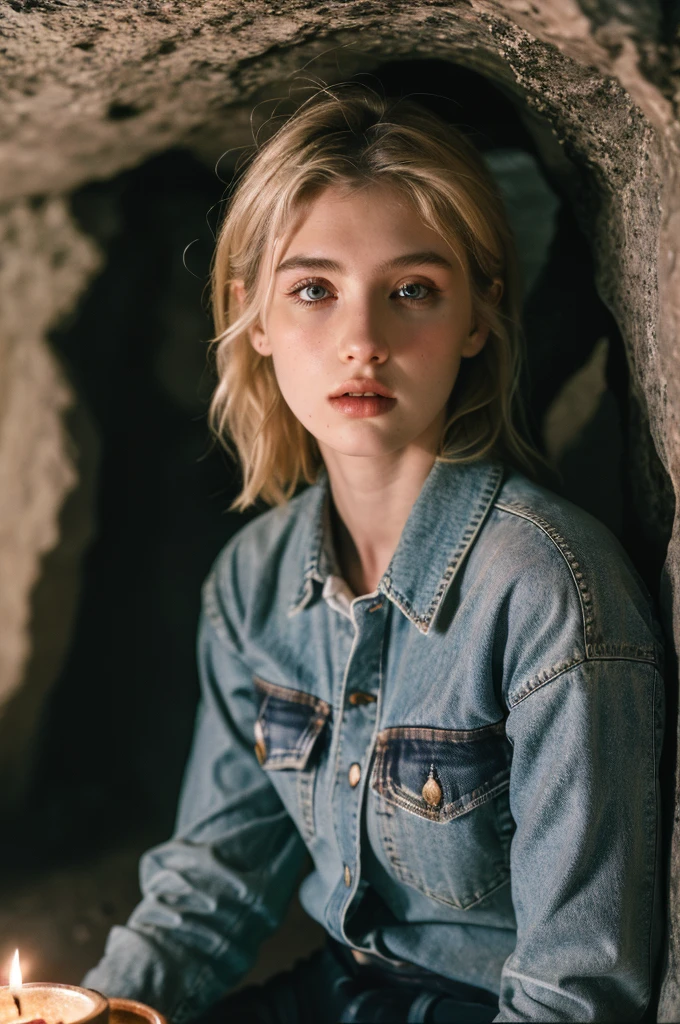 ( masterpiece, top quality, best quality,8k,17 years old girl,ultra detailed,raw photo:1.5),(photorealistic:1.4),(cinematic lighting), PerfectNwsjMajic, , Surrealism, UHD, ccurate, Super detail, textured skin, High detail, Best quality, dynamic angle, (high nose,White skin),[Beautiful blue eyes],[flat chest:large breasts:0.5],(1girl),(good anatomy:0.5)), blonde hair, plaid flannel shirt with distressed jeans, cowboy shot, dark and mysterious cave with unique rock formations and hidden wonders, perfect eyes, (candlelight,chiaroscuro), Porta 160 color, shot on ARRI ALEXA 65, bokeh, sharp focus on subject,