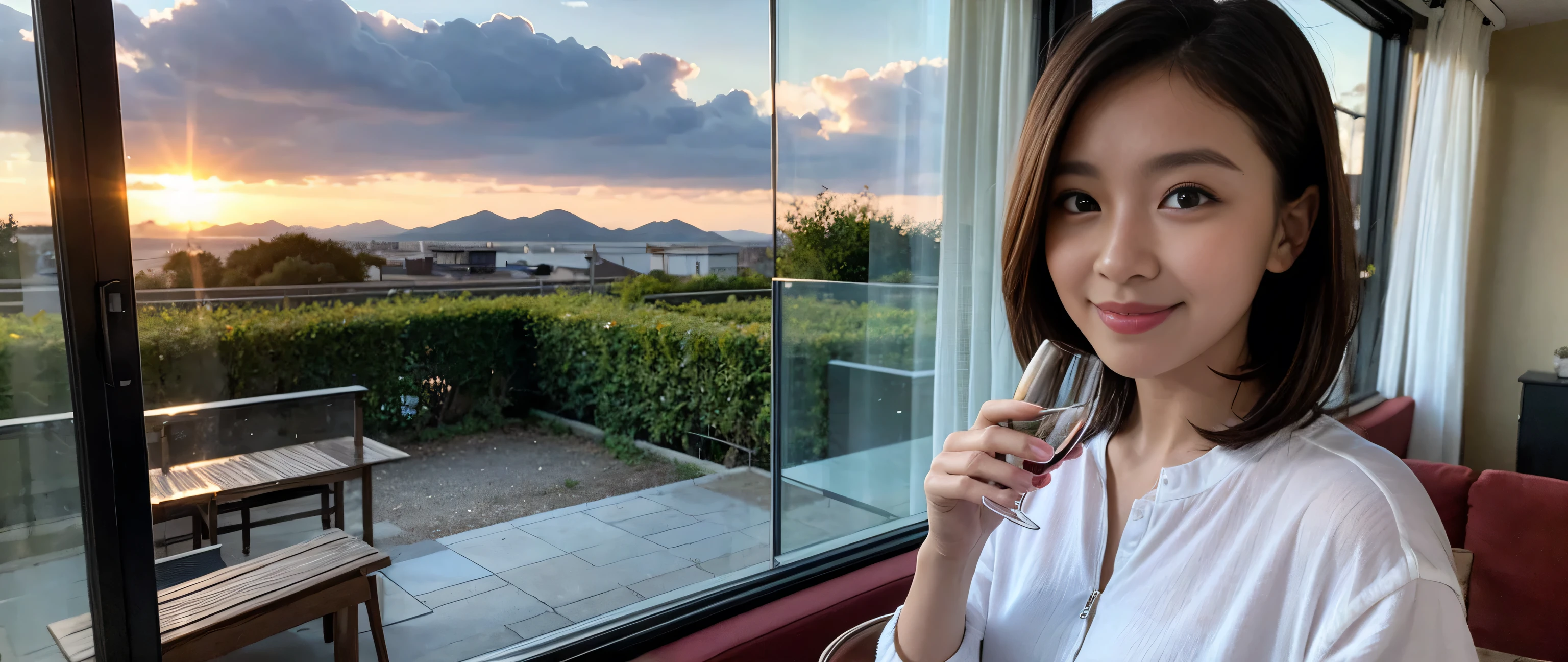 ((highest quality、8k、masterpiece:1.3))、Sharp focus:1.2、Beautiful woman perfect body:1.4、Slim body、((Bob Hale、Straight hair:1.2))、(to be born, highest quality, masterpiece:1.5), (Realistic, Intricate details:1.2), Ultra-high resolution, Shine light on your face、Amazing view of the sunset sky and clouds、Amazing mountain views、A bright smile、A lovely woman with a smile、Bright image、2. The beauty of wine, Beautiful Face, blue eyes, The light shines on your face, Blushing, short hair,Bright Face、Fox face、 (46 years old), 39 years old, Lady、red wine 、Appetizers、Italian food、Wine bottle、Champagne、sparkling wine、Two beauties、Brown Hair、Shortcuts、Long sleeve shirt、dress、Pretty Woman 1, (Slim face), (The body is slim), (Brown Hair), (Shortcuts), cheeks turn a little red,Attractive beauty、, Out of the window, A beautiful and detailed night view unfolds.........., restaurant, In a prominent place (From the waist up) Nova Frog Style, actress, model, Upper Body, White wine, slim, wine glass, A wine glass placed in the middle, smile, (smile: 1.15), Beautiful fine grain, Depth f/2,saturation, High Contrast, Strong light and shadow,Moist Body:1.5、3D texture、Delicate eyes、Brown Hair、The hair is very shiny、