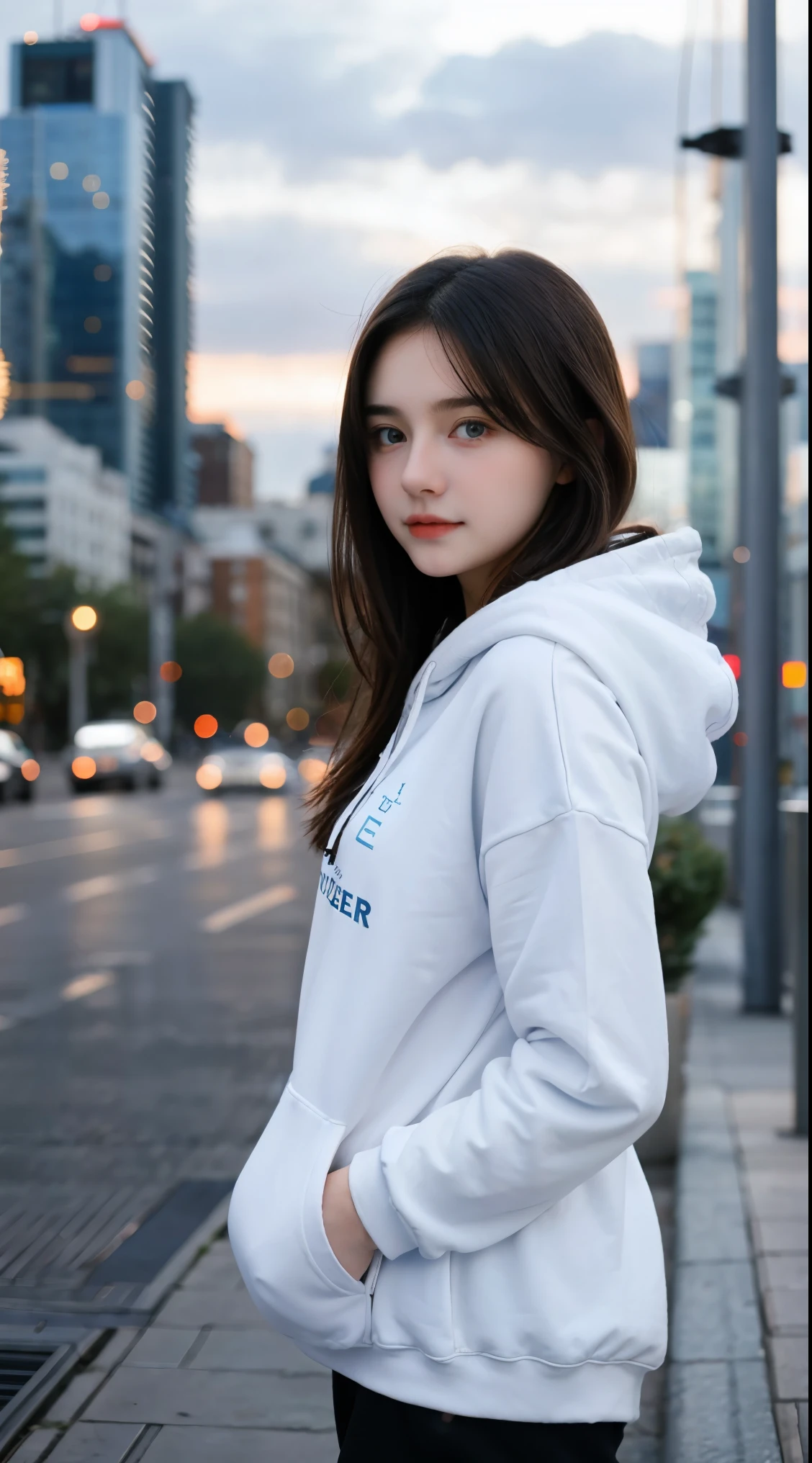 Gorgeus Girl, Beautiful, Baby Face, 20 Years Old, White Skin, Beside, Sexy Pose, black hoodie, Blue Eye, Bokeh, city Background, Masterpiece, asking for a hug, full body Shot, open arms