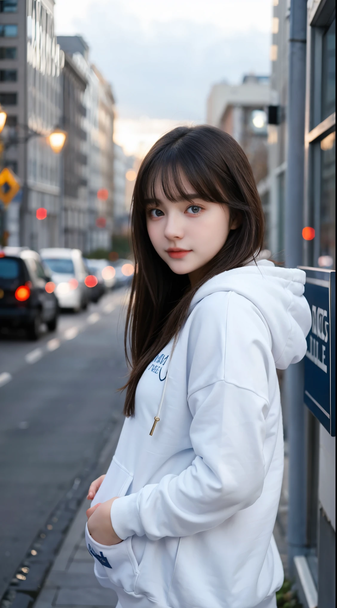 Gorgeus Girl, Beautiful, Baby Face, 20 Years Old, White Skin, Sexy Pose, black hoodie, Blue Eye, Bokeh, city Background, Masterpiece, asking for a hug, full body Shot, open arms