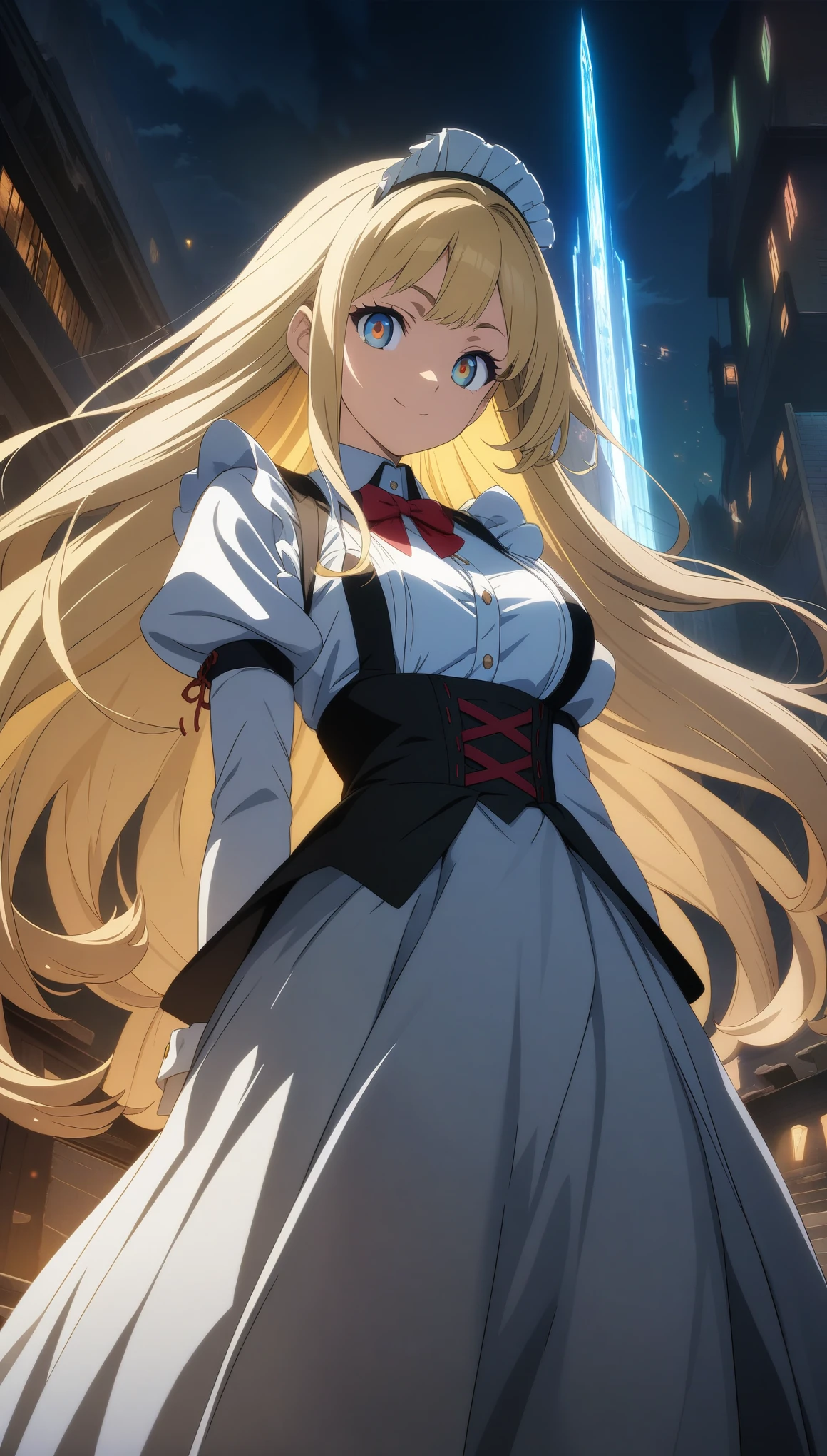 32k, best quality, ultra high res, HDR, UHD, extremely detailed CG, unity 32k wallpaper, 18 year old beautiful girl, Big eyes, Large Breasts, Small and slim, 8k, highest quality, (Highly detailed head: 1.0), (Highly detailed face: 1.0), (Very fine hair: 1.0), Maid clothes, Highly detailed official artwork, Anime Moe Art Style, Beautiful and detailed anime art, smile, Blonde, sleek long hair,