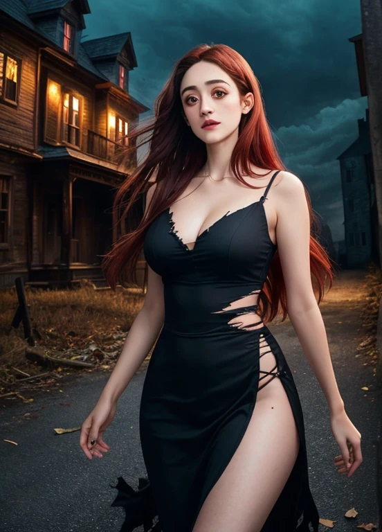 Emmy Rossum, being chased by a ghost, scared face, proud Big Breasts, long straight hair down to her feet, reddish hair, sexy Red Slit dress, torn clothes, visible thighs, creepy haunted house background (photo, lighting low, low light, sony a7, 50mm, white skin, pores, color, hyperdetail, hyperrealistic)