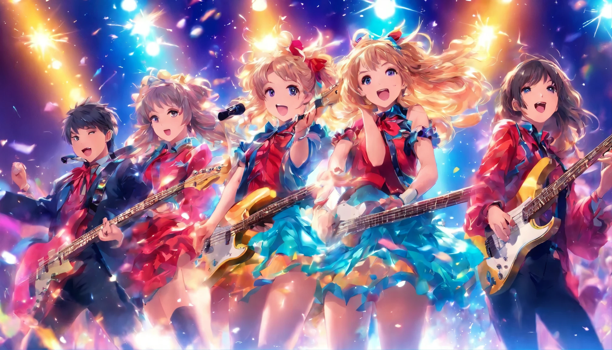 Idol costume, electric guitar, electric bass, drum set, musical instrument performance, singing, (((3 people:1.5))), girl band idol, :d, overjoyed, live stage, bright lighting, masterpiece, top quality, very details, anime, cute, miniskirt, idol, puff sleeve, colorful, watercolor,