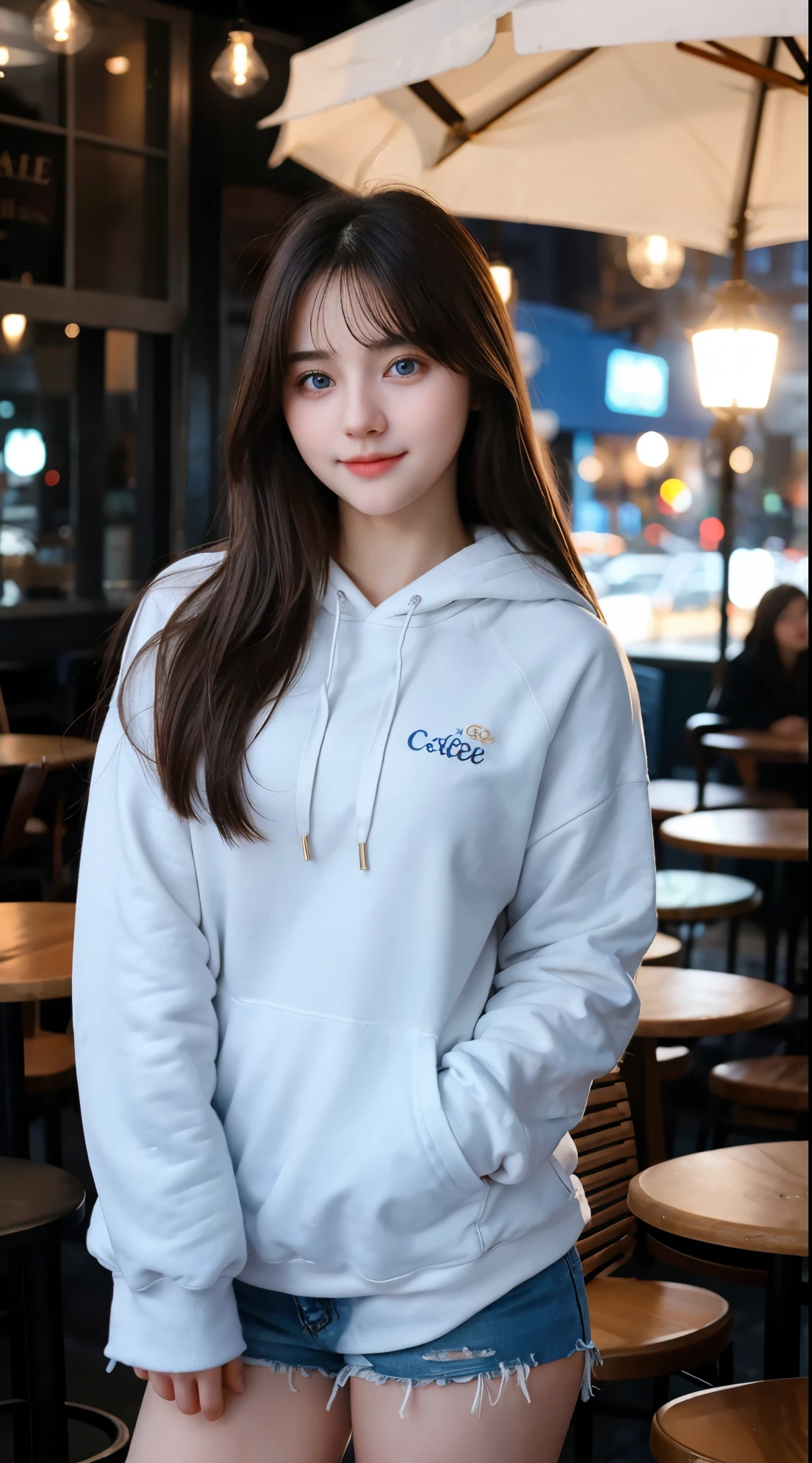 Gorgeus Girl, Beautiful, , 20 Years Old, White Skin, Sexy Pose, black hoodie, Blue Eye, Bokeh, cafe Background, Masterpiece, asking for a hug, full body Shot, open arms