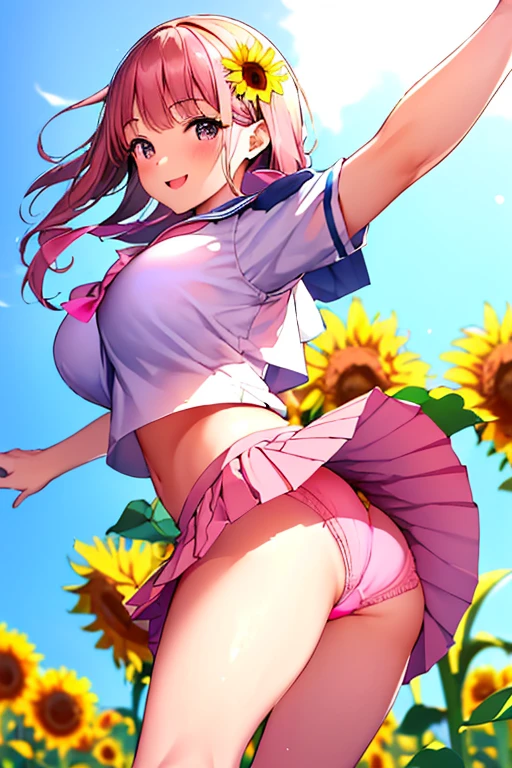smiling, ((((upskirt))), jumping, ((sailor uniform)),((blue pleated skirt)), looking back, (((pink panties)), large breasts, summer, day, Sunflower field,spread arms,