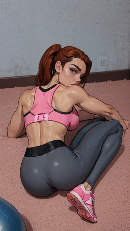 A young Gym girl most beautiful face and perfect body, gorgeous body, sportswear,( gry gym leggings) , (pink sports bra) ,( pink ankle socks), (black BROOKS shoes) , laying prone, looking back , up camera view, full body