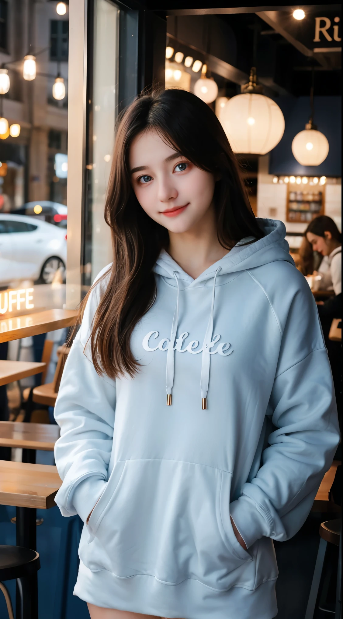 Gorgeus Girl, Beautiful, Baby Face, 20 Years Old, White Skin, Sexy Pose, black hoodie, Blue Eye, Bokeh, cafe Background, Masterpiece, asking for a hug, full body Shot, open arms