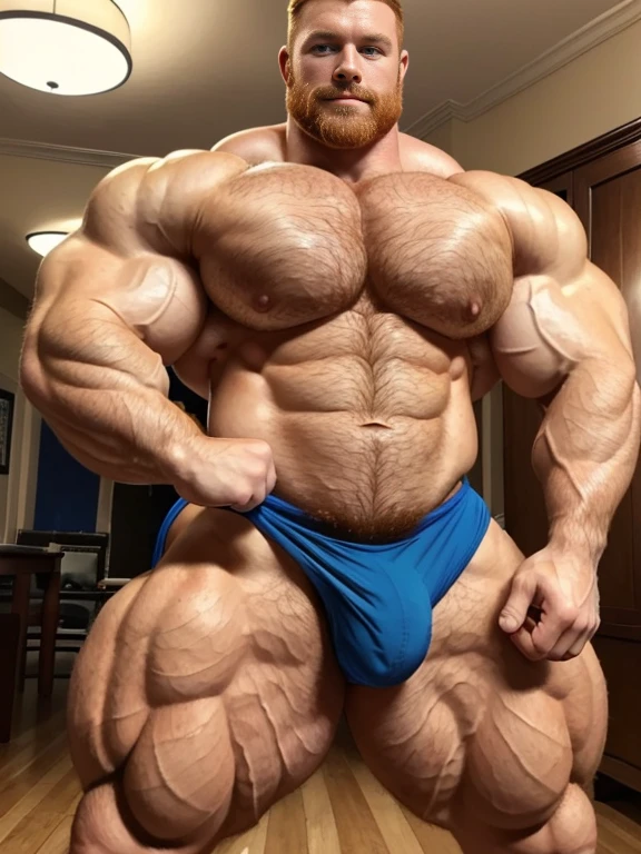 (perfect man:1.5), ginger, slight beard, hairy, vascular, realistic, posing, muscle bimbo, wearing a black jockstrap, extraordinary attractive European man with radiant blue eyes, (muscular:1.5), ginger, (defined muscles:1.5), big crotch bulge, maid outfit
