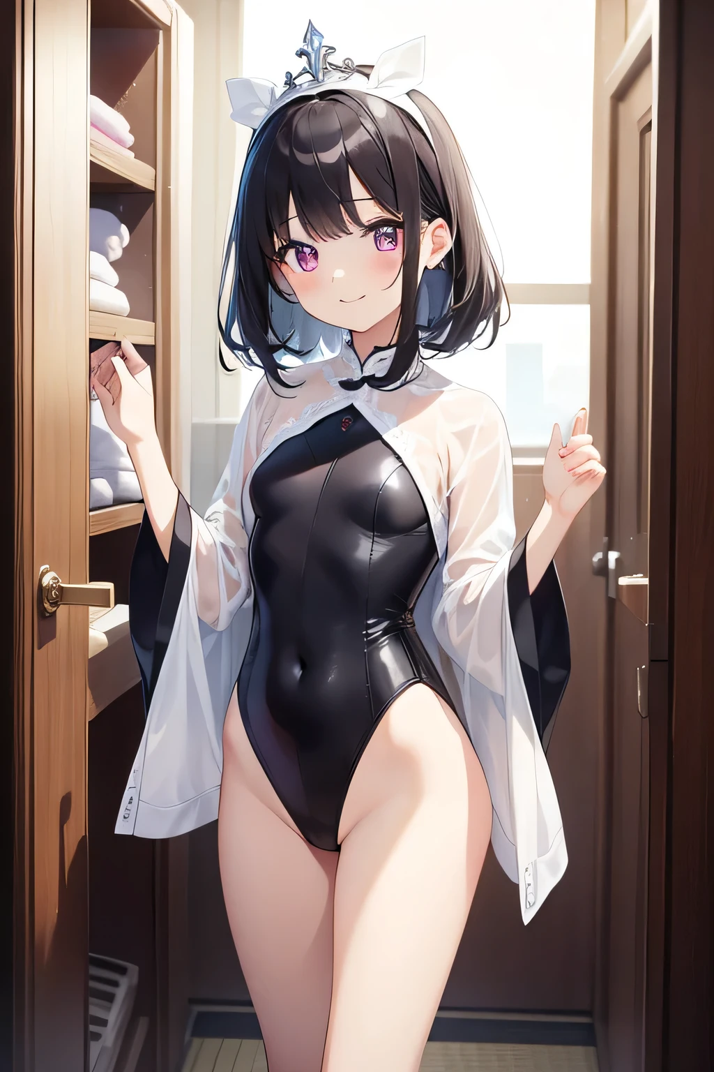 highest quality、Highest quality、Beautiful eyes、Very delicate and beautiful、Beautiful eyes、Pink Eyes、Soio、Soio、、Japanese、、Chiquita、Noble、Primary school students、Black Hair、barefoot、(Judo)、(White leotard))、(High leg)、Tiara on head、smile、Standing, facing forward、The background is the changing room