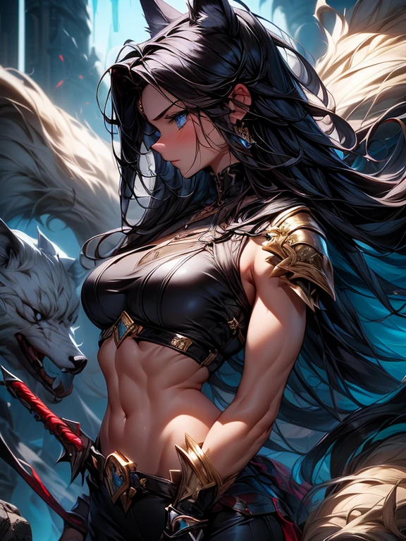 absurderes ,1 girl,Serious,black hair,worried woman ,Wolf ears,Blue eyes,Leather Armor,Abs,muscular,Silver Gauntlet ,leather waist seat,BREAK,Dynamic Angle,Dynamic lighting,wasteland,Fantasy,BREAK,(close range),(Front view,From  above:1.2),Best Quality,Insanely detailed,Hyper realistic, Perfect Anatomy,Perfect five fingers,Vibrant colors,amazing,superfine illustration