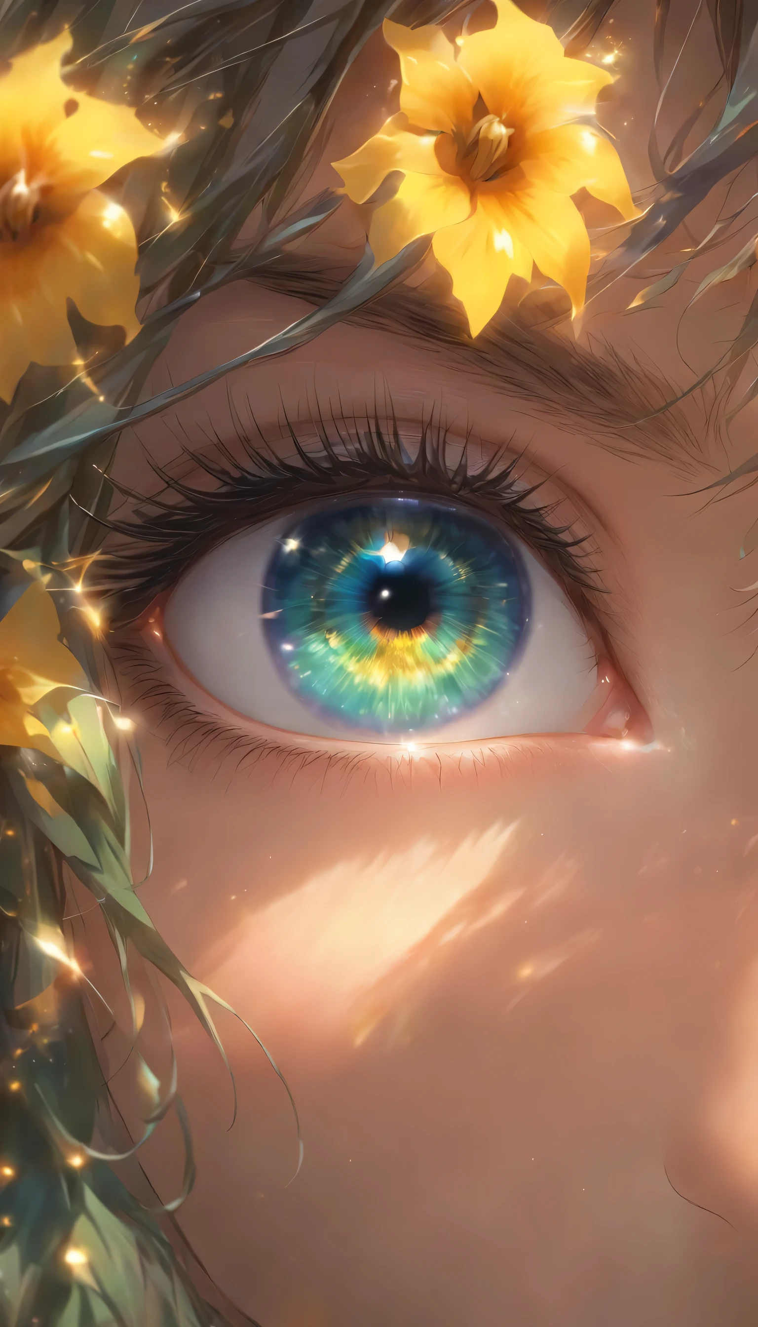 (Very detailed CG Unity 8k wallpaper),(masterpiece), (highest quality), (Very detailed), (Best illustrations),(Best Shadow), (Sharp eyeliner, eye shadow, Fine grain:1.1),, ,break, IWS2000,Right half of face,Firmly outline the face,Her long black hair is beautiful and flowing, each strand beautifully.、Eyes with sapphire-like blue rims,Dark blue with light green inside,The center has a yellow sunflower-like iris pattern.,Center is black(beautiful iris)Three eye colors,Beautiful eyes like glass