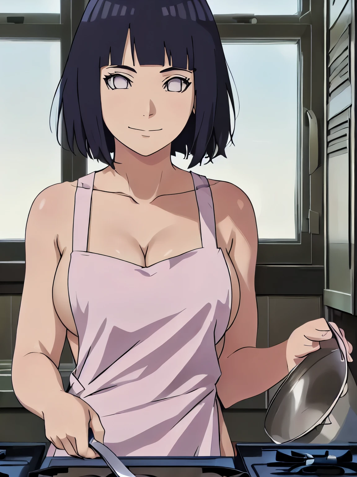 (hinata\(boruto\), (sfw, high quality, anime, cowboy shot, white apron only, off-shoulders, little biceps, super detailed body, smile), ((cooking)), (medium-big breasts, cleavage), closed mouth), pale skin, ((floating hair, dark blue, short hair, hime cut، loose hair), (location: bed, windy afternoon),