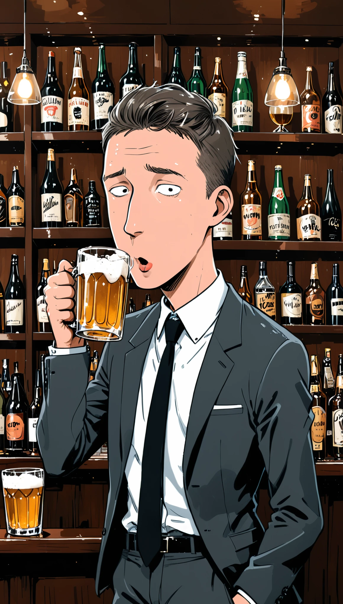 (in style of Jean Jullien),1boy,Character Design,Suit,tie,White shirt,office,Bar bar,a cup of beer,Red cheeks,Drunken expression,