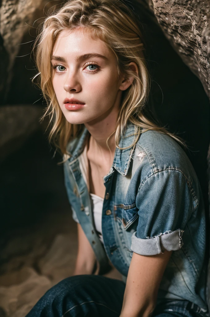 ( masterpiece, top quality, best quality,8k,17 years old girl,ultra detailed,raw photo:1.5),(photorealistic:1.4),(cinematic lighting), PerfectNwsjMajic, , Surrealism, UHD, ccurate, Super detail, textured skin, High detail, Best quality, dynamic angle, (high nose,White skin),[Beautiful blue eyes],[flat chest:large breasts:0.5],(1girl),(good anatomy:0.5)), blonde hair, plaid flannel shirt with distressed jeans, cowboy shot, dark and mysterious cave with unique rock formations and hidden wonders, perfect eyes, (candlelight,chiaroscuro), Porta 160 color, shot on ARRI ALEXA 65, bokeh, sharp focus on subject,