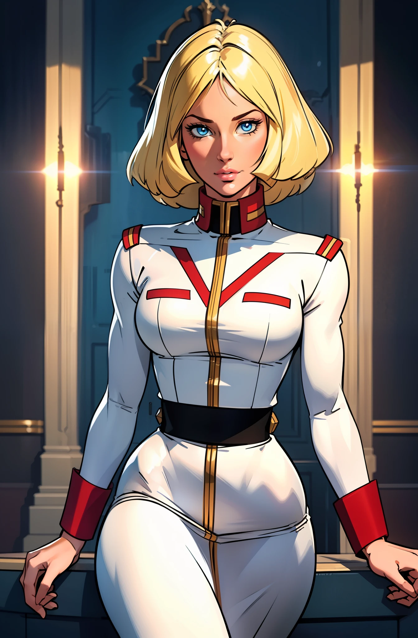 ((masterpiece)), ((cinematic lighting)), realistic photo、Real Images、Top image quality、1girl in, sayla mass, Elegant, masterpiece, Convoluted, slim arms, wide hips, thick thighs, Best Quality, absurderes, high face detail, Perfect eyes, mature, Cowboy Shot, , Vibrant colors, White uniform, Skirt,