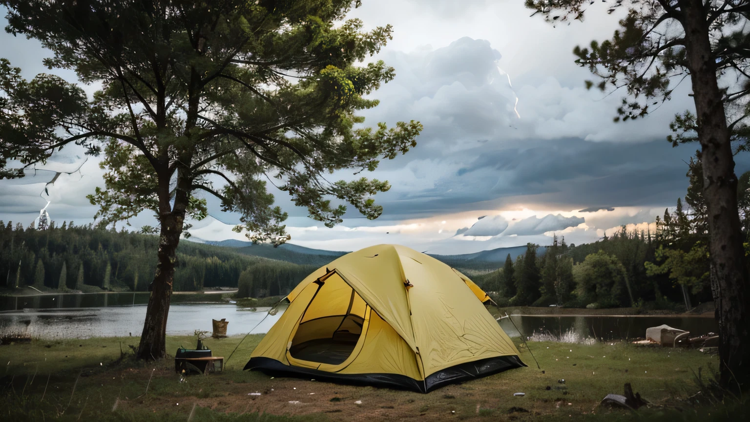 a yellow camping tent in the middle of a forest with trees around, on a rainy day with a cloudy sky, with lightning and thunder