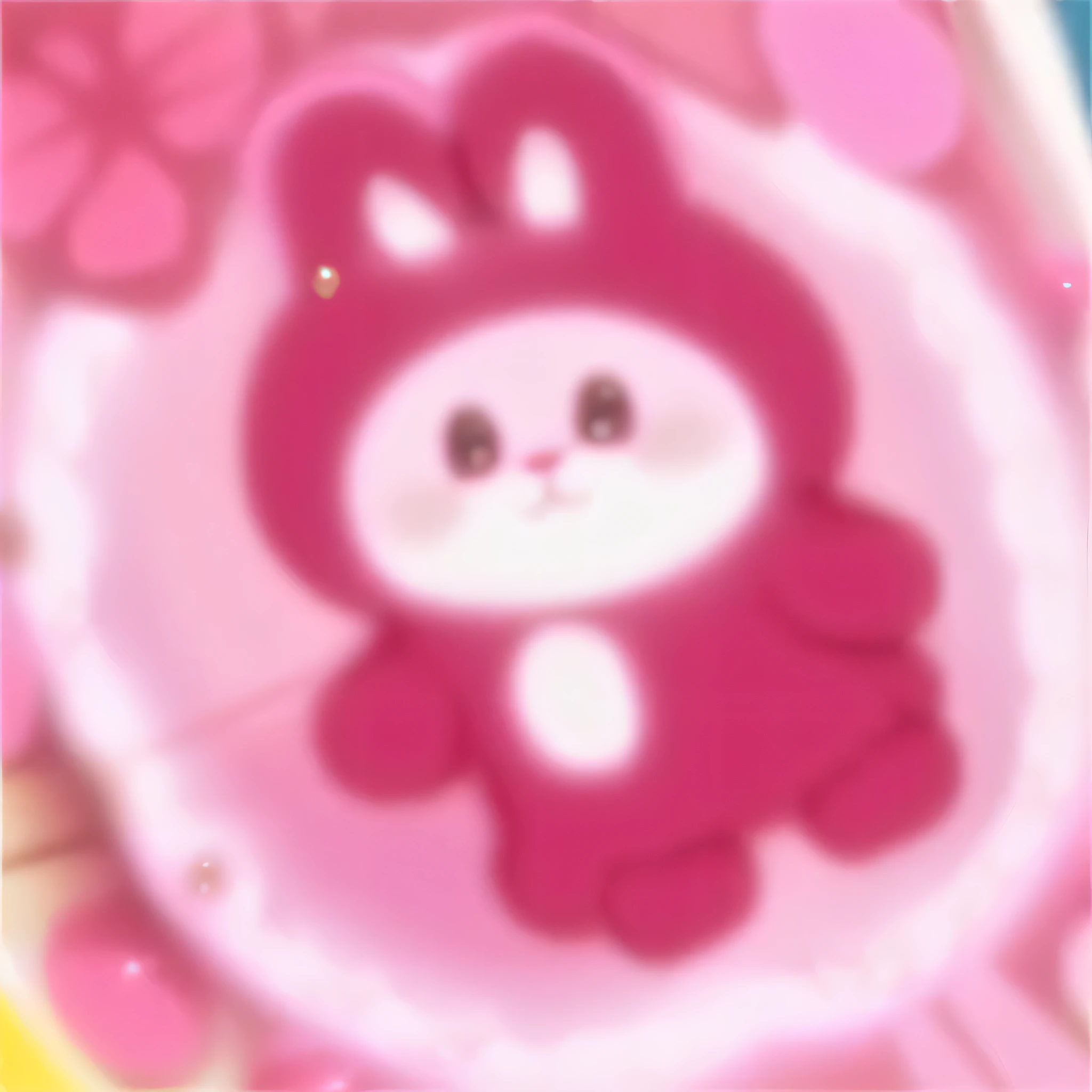 There is a Pink teddy bear,There is a pink bow on it, Wearing a pink bunny costume, Pink Iconic Character, biscuit, Bunny Suit, safebooru anime image, doom, wearing a Bunny Suit, This rabbit has Pink fur, Dambru, Sanrio, Group leader, (Pink), Lovely characters, Cute anthropomorphic rabbit