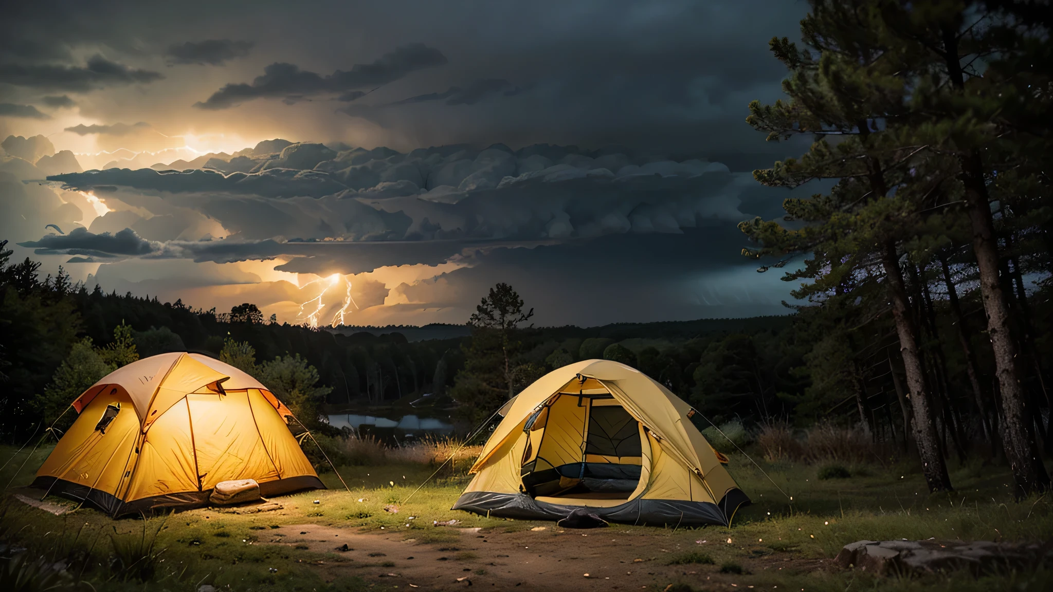 a yellow camping tent in the middle of a forest with trees around, on a rainy day with a cloudy sky, with lightning and thunder