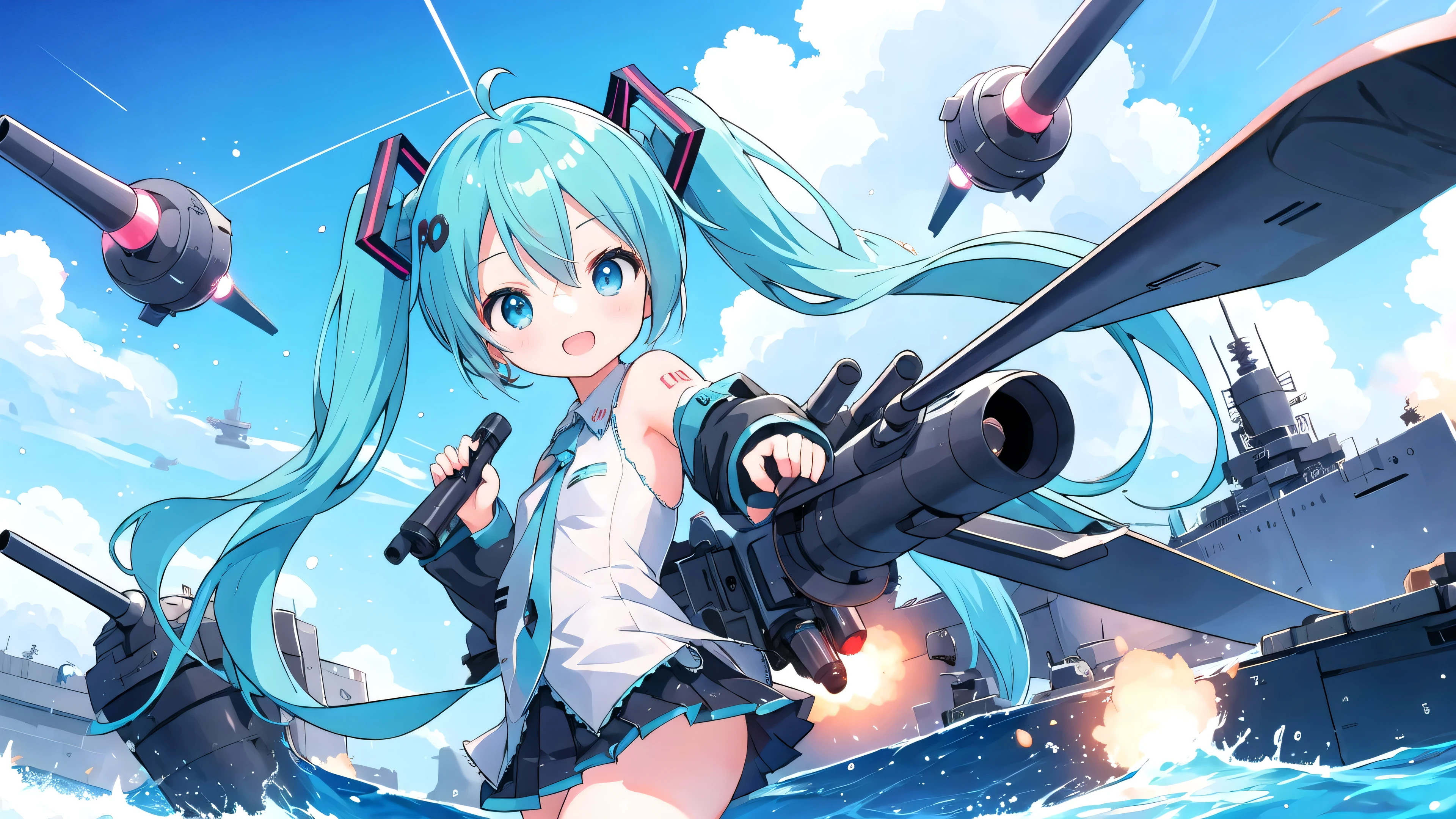 Very cute battleship girl、Hatsune Miku、Black Hair、Weapon equipment、All missiles fired、