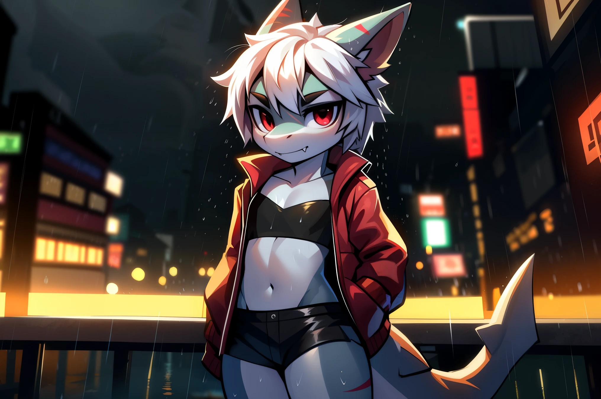 ((shark)), solo, young, cub, flat chest, grey body, (short snout), red eyes, white spiky hair, fangs. shark tail, red open jacket, ((black tube top)), ((black short shorts)), ((standing)), looking at viewer, city background. ((raining)), (((heavy rain))), up close. Very good figure, cinematic lighting, volume lighting, masterpiece, best qualit0y