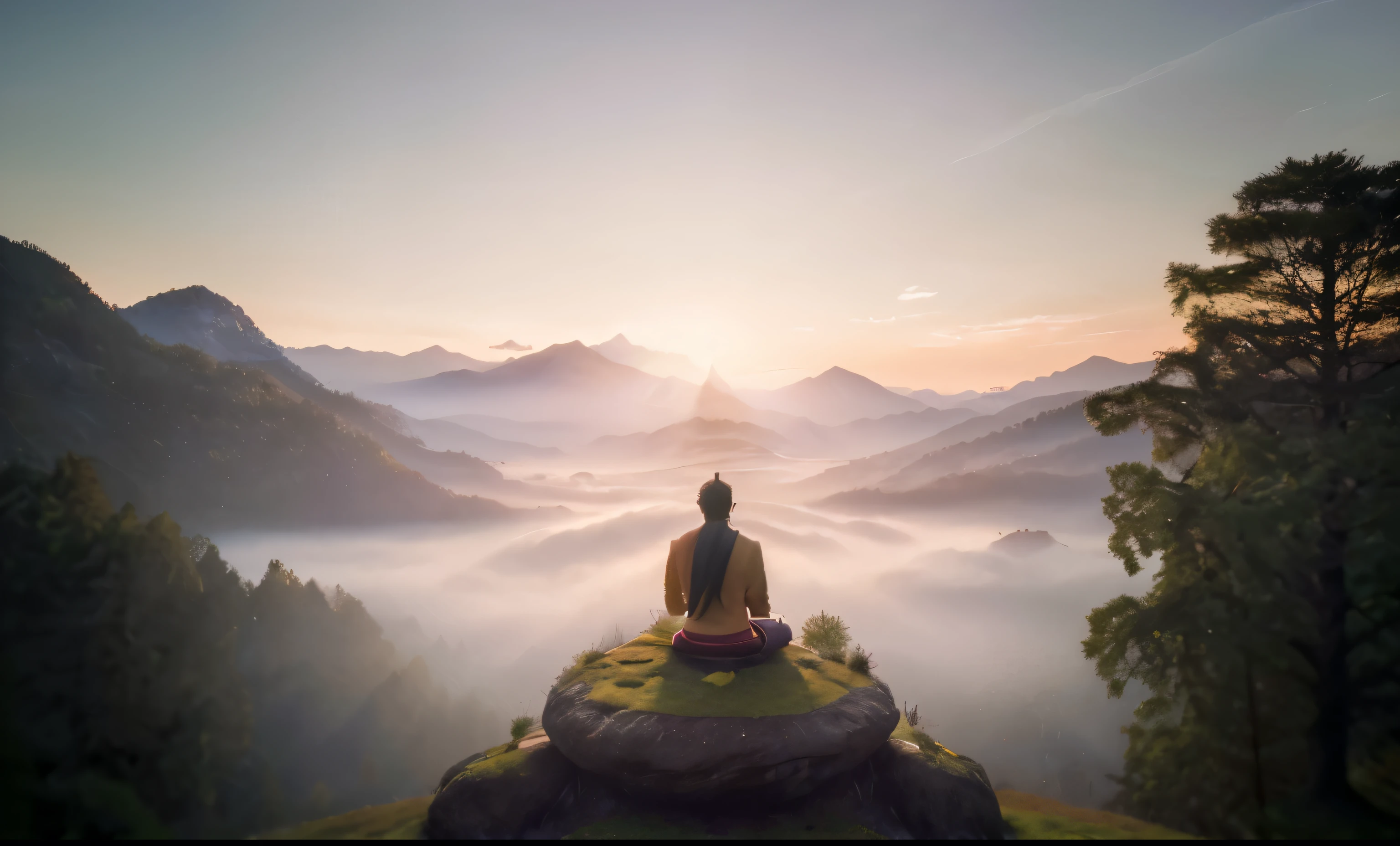 (Masterpiece:1.1), High Resolution (best quality,4k,8k,highres,masterpiece:1.2),ultra-detailed,(realistic,photorealistic,photo-realistic:1.37) (Photorealistic) behind a Rinpoche sitting on the top of the hill meditation, hd wallpaper, zen meditation, setting is bliss wallpaper, amazing wallpaper, high resolution, super detailed, 4k 8k, real photo, huge space, huge scenery