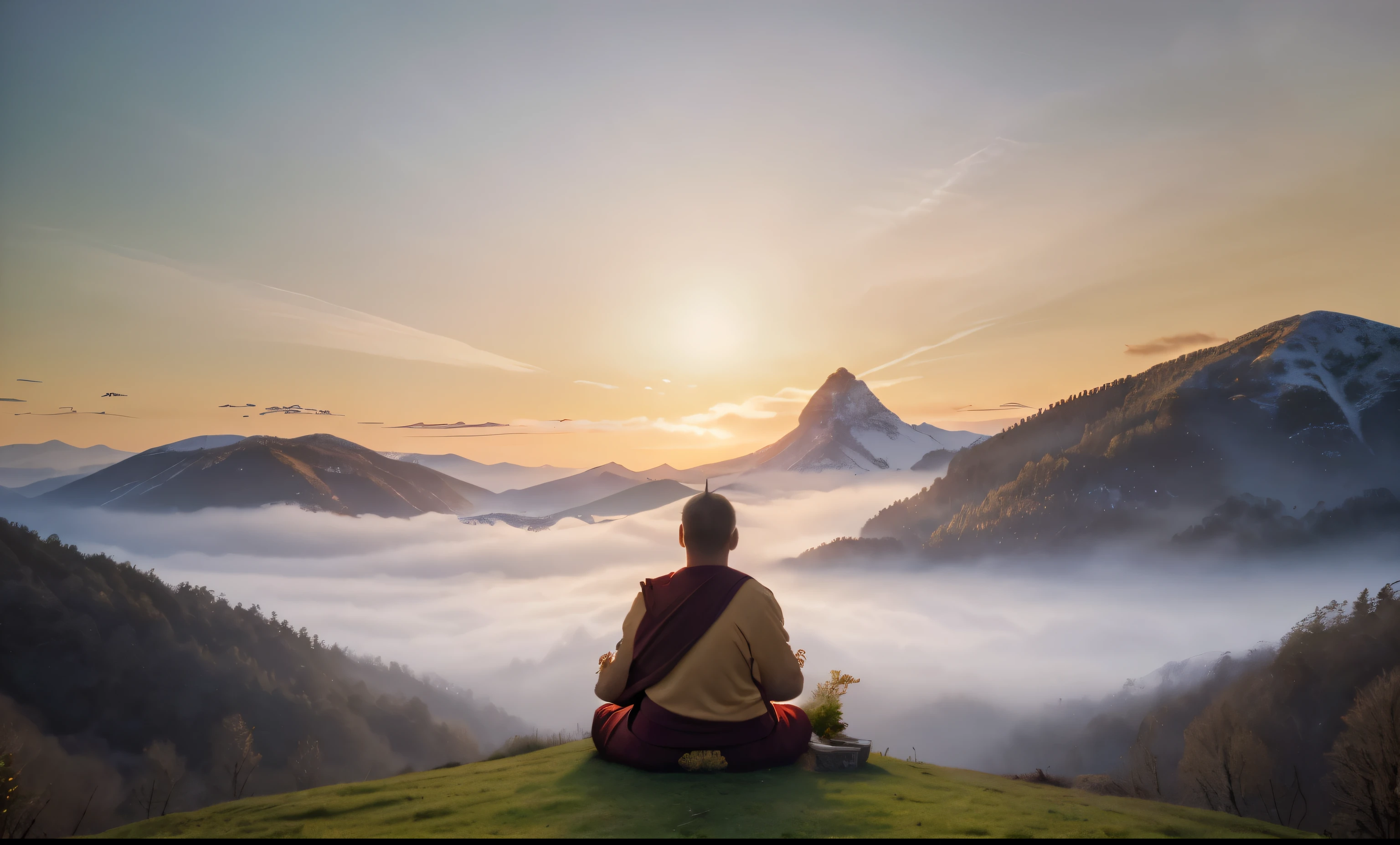 (Masterpiece:1.1), High Resolution (best quality,4k,8k,highres,masterpiece:1.2),ultra-detailed,(realistic,photorealistic,photo-realistic:1.37) (Photorealistic) behind a Rinpoche sitting on the top of the hill meditation, hd wallpaper, zen meditation, setting is bliss wallpaper, amazing wallpaper, high resolution, super detailed, 4k 8k, real photo, huge space, huge scenery