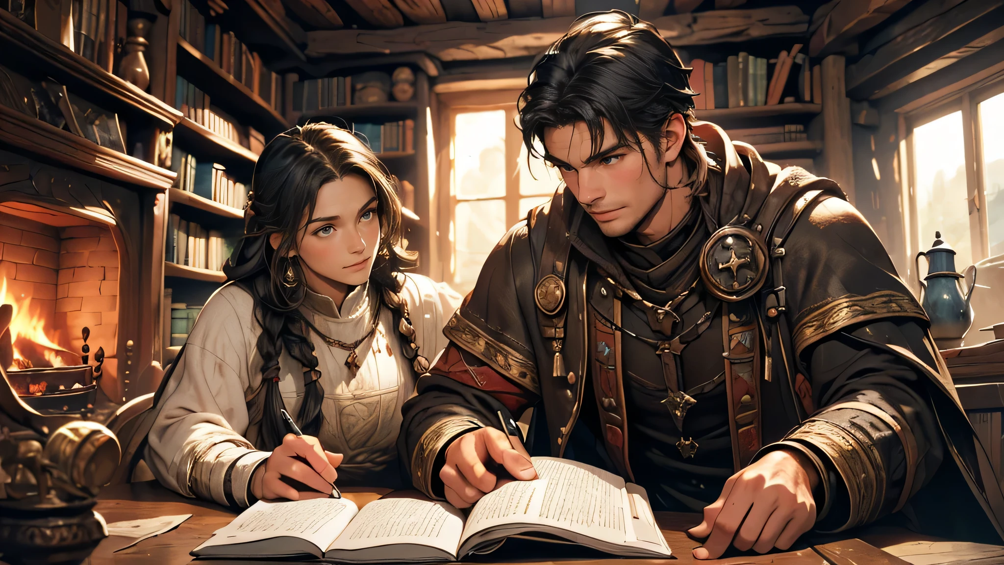 (highres:1.2),realistic,portraits,medieval fantasy,adventure girl,black braided hair,black adventure clothes,young man,shabby white clothes,living room,talking,eye contact,emotional conversation,vivid colors,soft lighting,bookshelves,fireplace,wooden furniture,cozy atmosphere,mossy stone walls,antique decor,crackling fire,relaxed pose