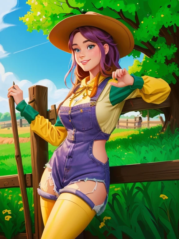 ]4k, Disney Pixar, cartoon girl in a cowboy outfit leaning against a fence, comic digital art, cartoon digital painting, giantess art, cartoon digital painting art, stylized comic art, Abigail from Stardew Valley, art 2d fantasy digital, cartoon digital art, wearing farm clothes, digital art. colorful comics, background art, detailed 2d fantasy digital art, on a farm
