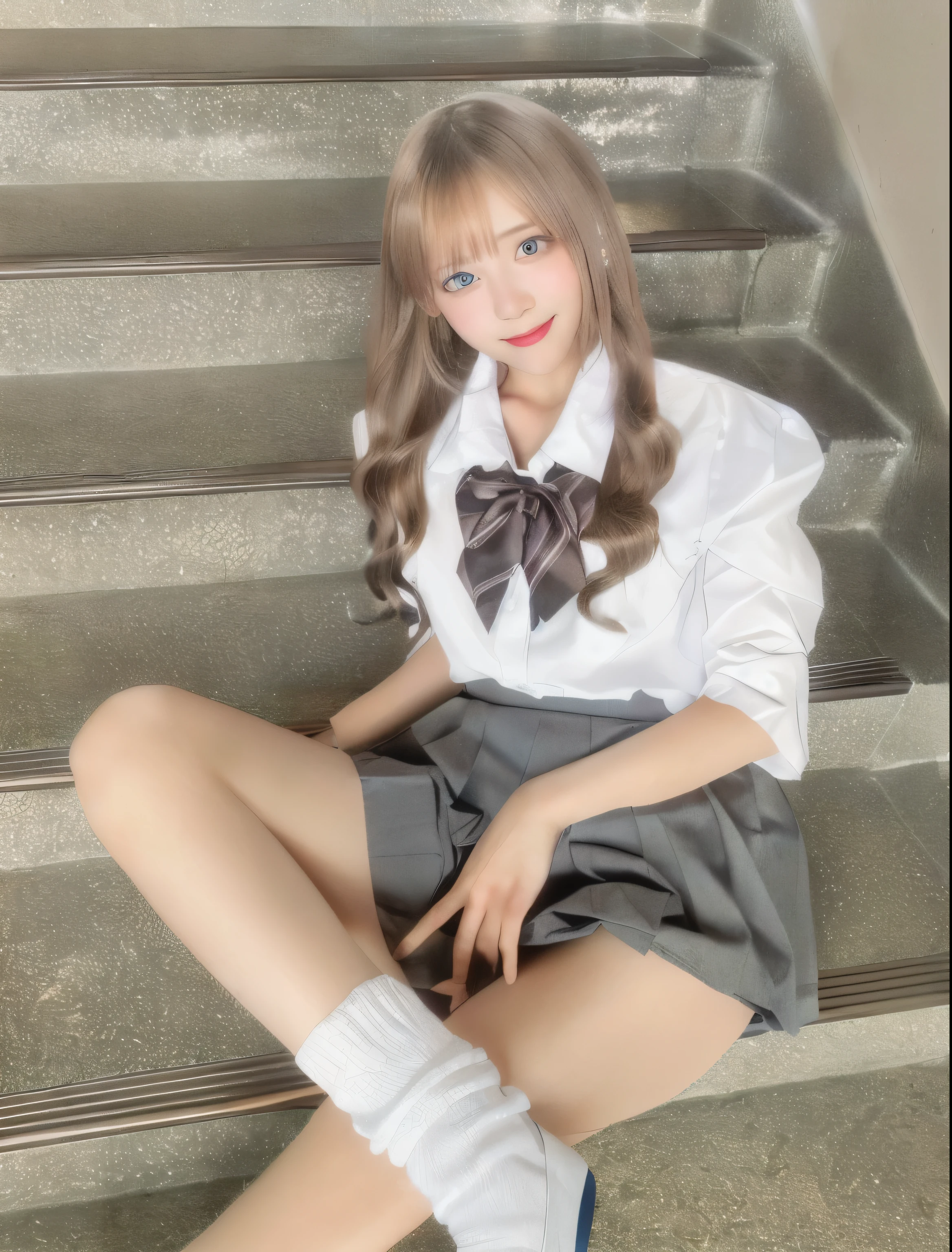 Arabian woman in skirt and tie sitting on stairs, sakimichan, Cute high school girl, Japanese girl , a hyperRealistic high school girl, hyperRealistic high school girl, Realistic high school girl, Japanese , high school girl, Magic , Strike a Pose, seifuku, reluvy5213