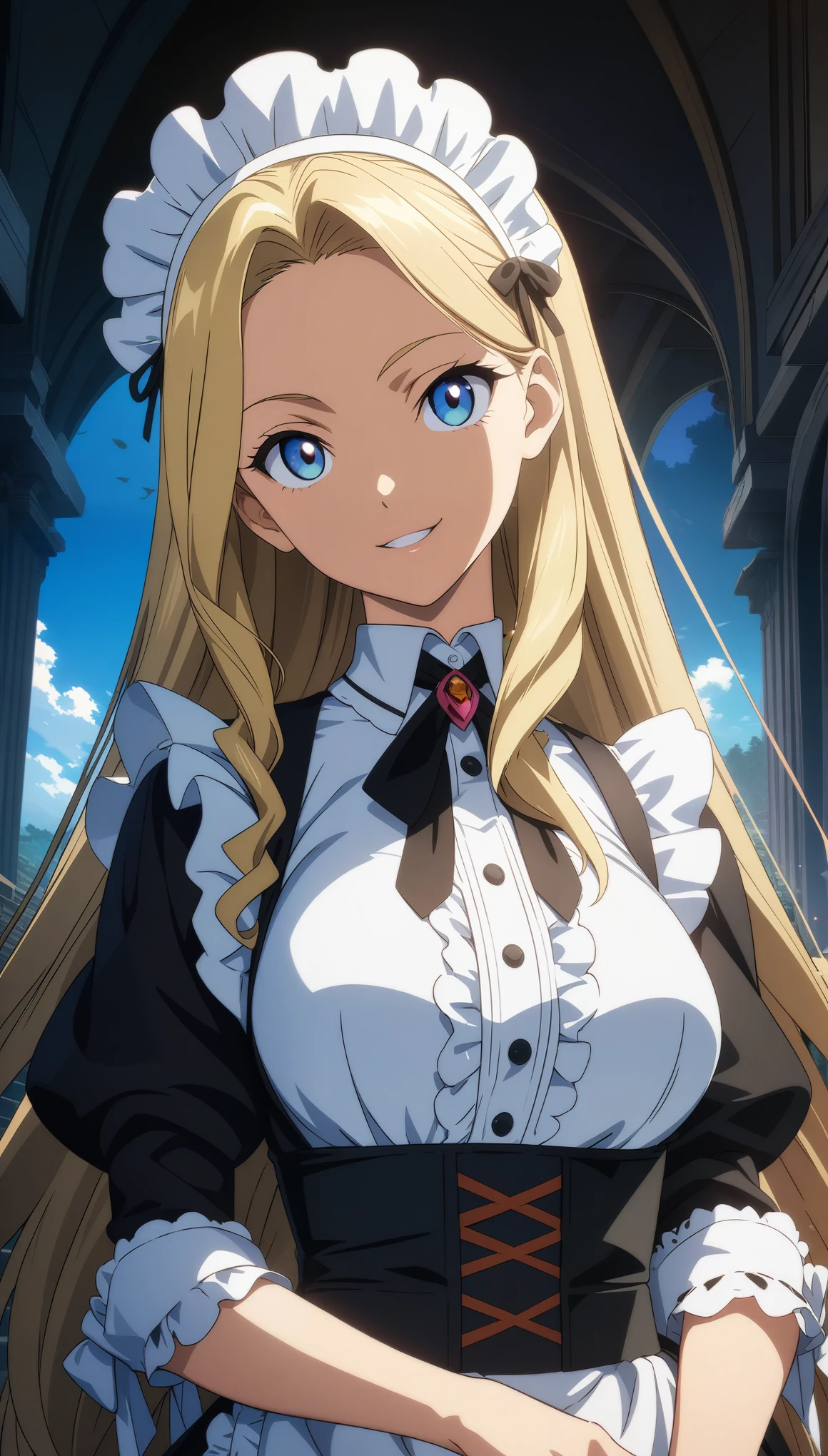32k, best quality, ultra high res, HDR, UHD, extremely detailed CG, unity 32k wallpaper, 18 year old beautiful girl, Big eyes, Large Breasts, Small and slim, 8k, highest quality, (Highly detailed head: 1.0), (Highly detailed face: 1.0), (Very fine hair: 1.0), Maid clothes, Highly detailed official artwork, Anime Moe Art Style, Beautiful and detailed anime art, smile, Blonde, sleek long hair,