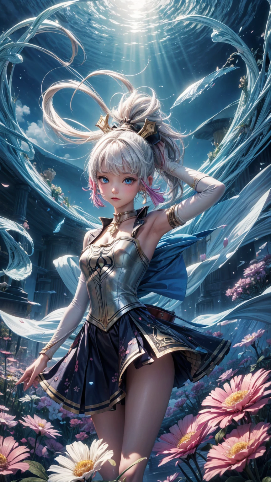 "((fantasy art)) featuring an alien girl, immersed in a heavenly symphony, clouds turn into bright splashes, flowers are scattered, like notes in the wind, visual orchestration of color and wonder"