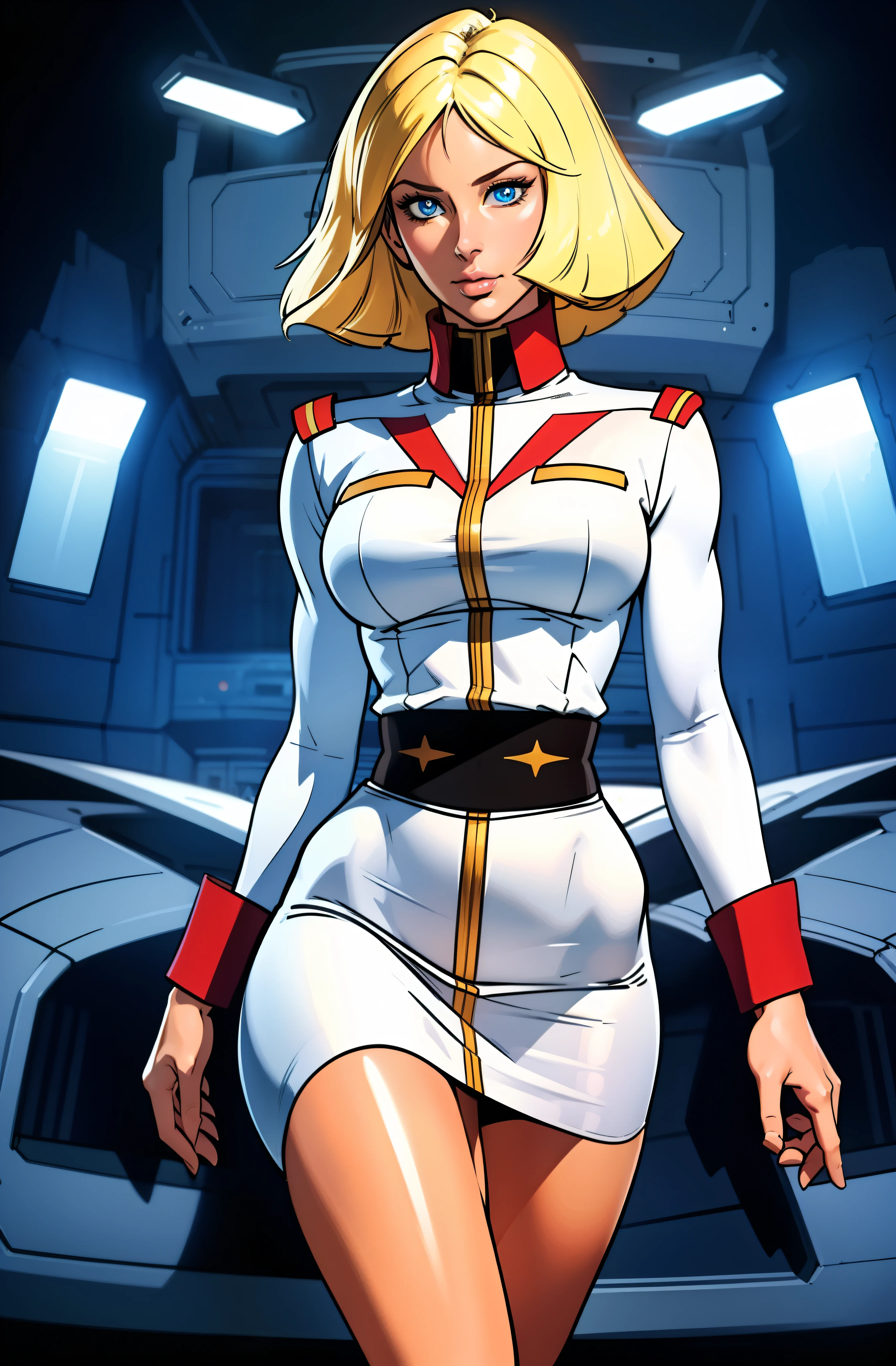 ((masterpiece)), ((cinematic lighting)), realistic photo、Real Images、Top image quality、1girl in, sayla mass, Elegant, masterpiece, Convoluted, slim arms, wide hips, thick thighs, Best Quality, absurderes, high face detail, Perfect eyes, mature, Cowboy Shot, , Vibrant colors, White uniform, Skirt,