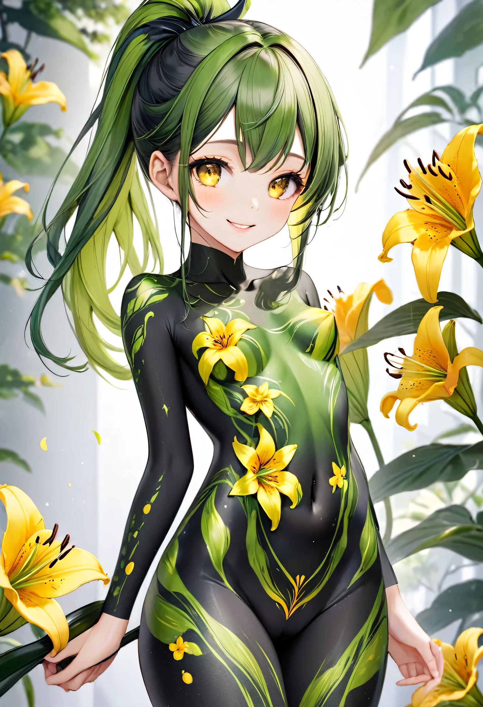 (naked:0.5 body paint style), (((in a beautiful Body Paint Art is Lilium japonicum Houtt))) (solo ponytail green hair long hair cute girl, 15 yo, cute yellow eyes, cute smile), perfect anatomy, masterpiece, best quality, 16k.