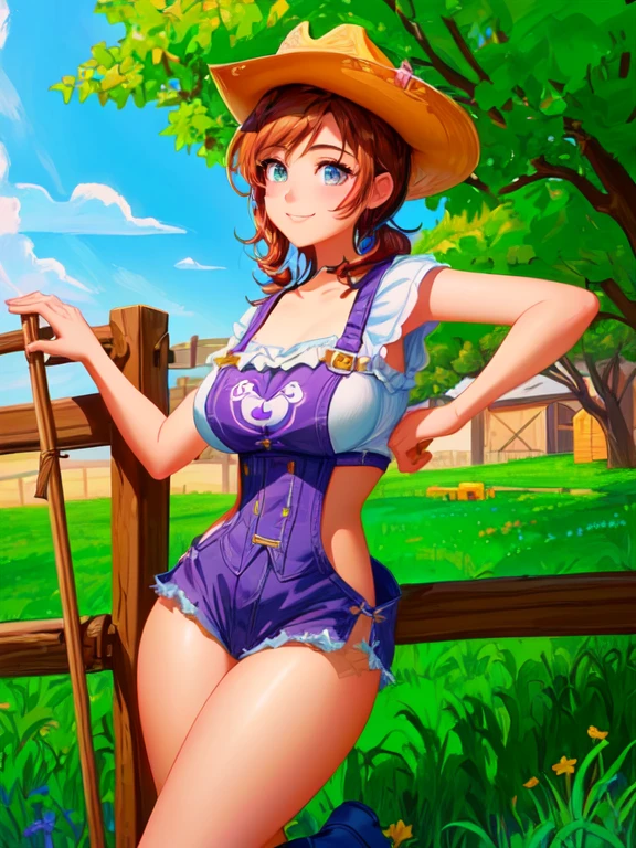 ]4k, Disney Pixar, cartoon girl in a cowboy outfit leaning against a fence, comic digital art, cartoon digital painting, giantess art, cartoon digital painting art, stylized comic art, Abigail from Stardew Valley, art 2d fantasy digital, cartoon digital art, wearing farm clothes, digital art. colorful comics, background art, detailed 2d fantasy digital art, on a farm