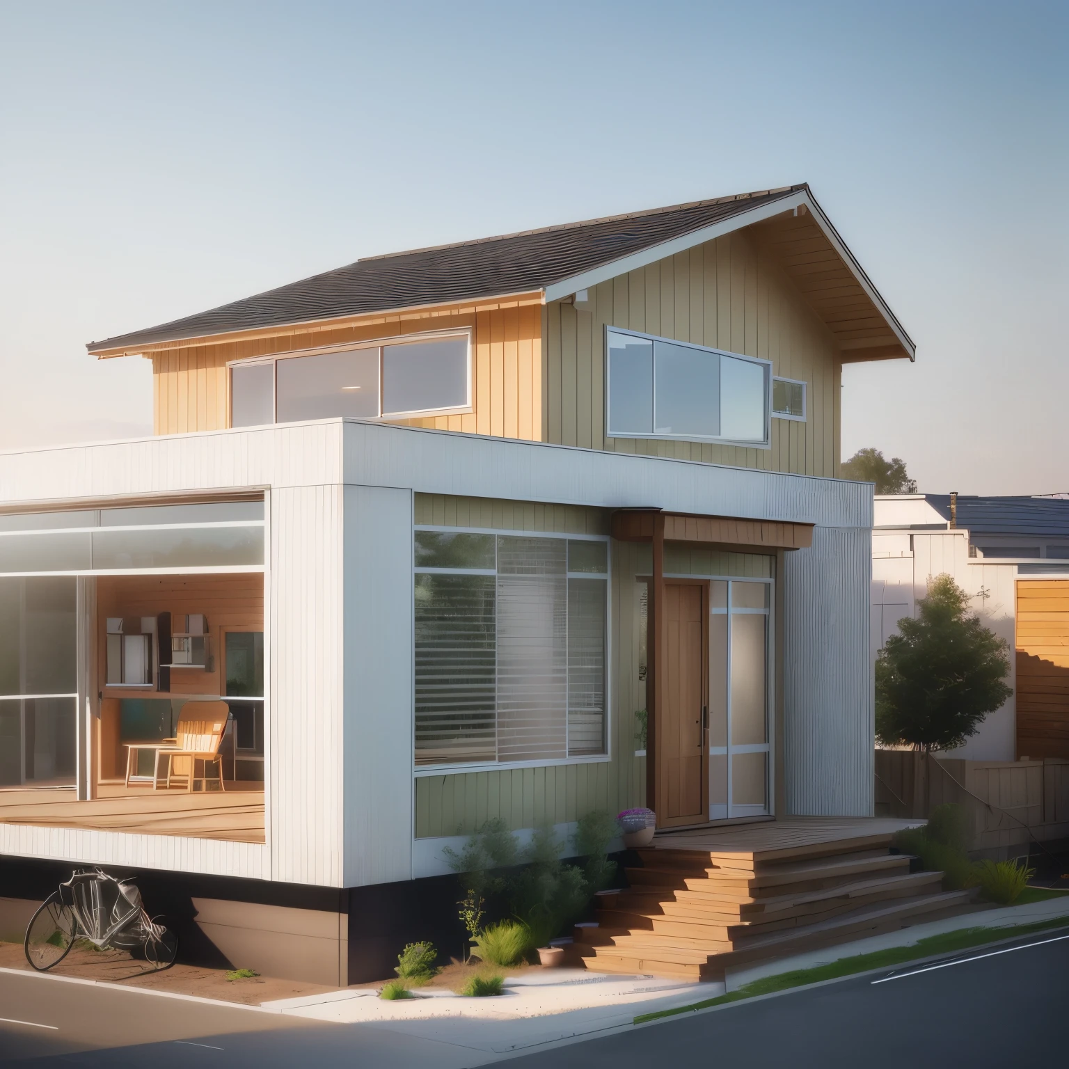 a rendering of a small house with a porch and a porch, concept house, conceptual rendering, front side view, detailed rendering, 3 / 4 view, 3/4 view, digital rendering, front view dramatic, front-view, front perspective, 3/4 view realistic, 3d rendering, exterior design, 3 d rendering, sketch - up, conceptual