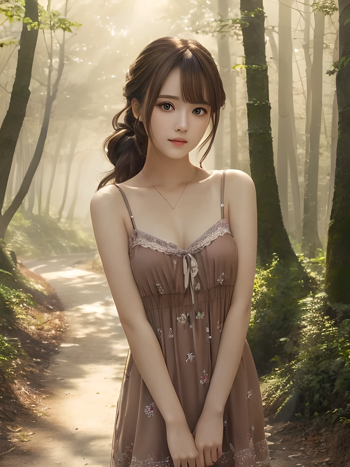 masterpiece, highest quality, High resolution, wallpaper, realistic, (bright lighting:1.4), professional lighting, face light, smooth lighting, japanese girl, full body, cute, sad, open mouth to say something, shy, Beautiful girl, gravure, sexy, super beautiful, beautiful skin, beautiful and detailed eyes、detailed face、slim、moderately, half updo, brunette colored hair, brown eyes, Summer Dresses, The morning sunlight shines through the misty forest path.