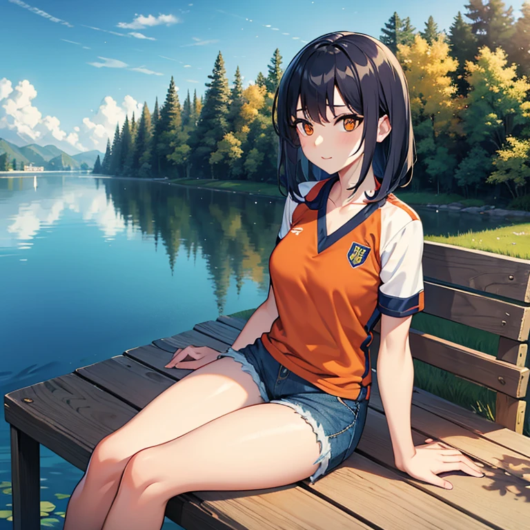 Denim shorts , football shirt , beautiful , 1 woman bites an orange, lake,  sitting on a bench  , sun , 