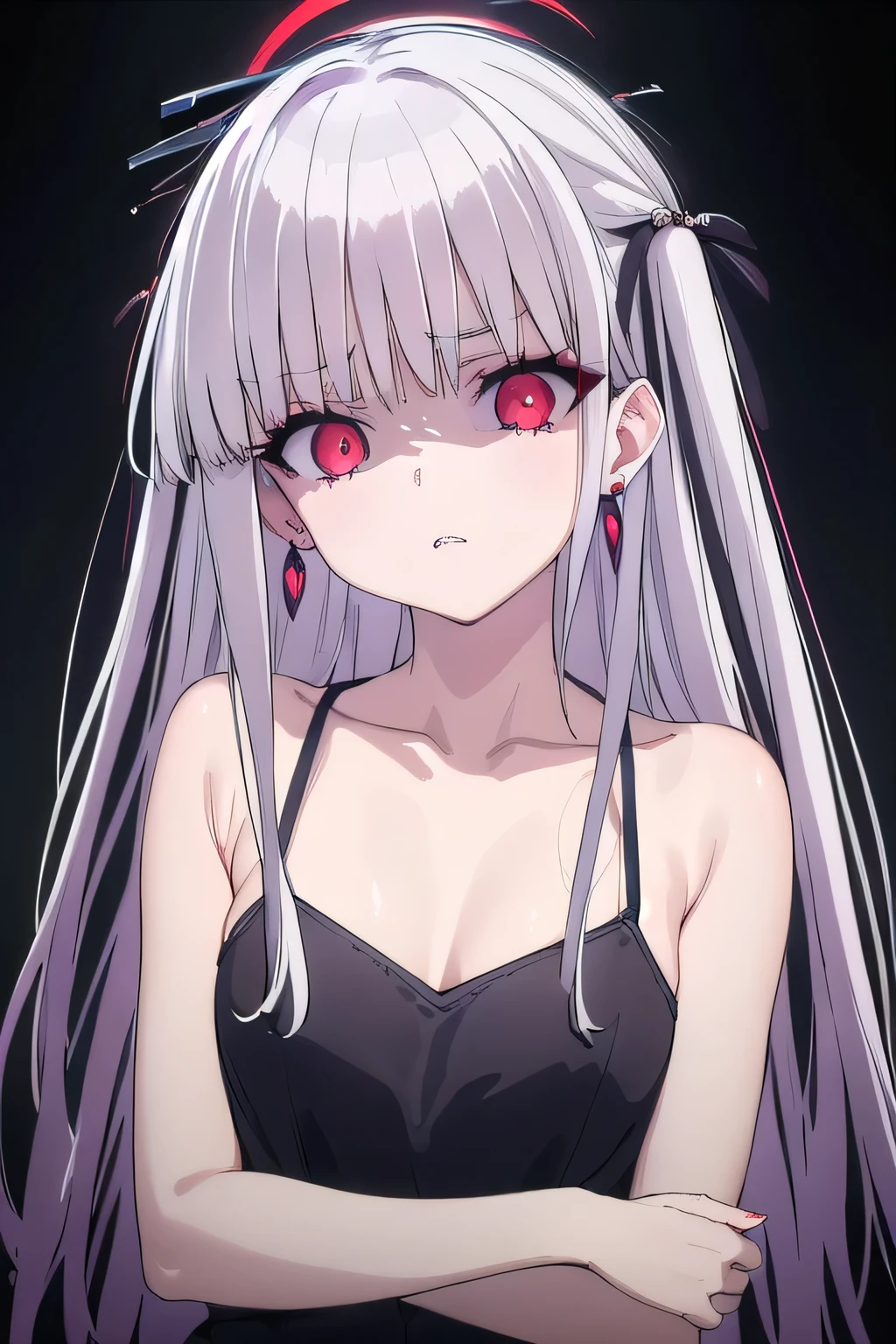 masterpiece, best quality, ultra-high-detailed, Disgusted face, white hair, red eyes, sigtuna julie , small breast, looking to viewer, deep eyes,  glare eyes, black T-shirt word Udinese Admin , eyeshadow, makeup, bare shoulder, earrings, Gothic , eyeshadow, focus to face, black background, selfie, upper body , focus to face 