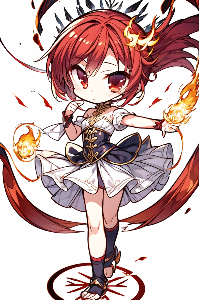 (masterpiece, highest quality), One girl, cute,young,Red Hair, Red eyes,  hand crystal flame,Red Magic Circle, Red corset, Red knee socks,   Abstract, Learn the anatomy of the limbs、Pay attention to the number of legs、Add some gold to your outfit、princess、God of Fire、God of Healing、Sage、chibi character,chibi style,white background, 