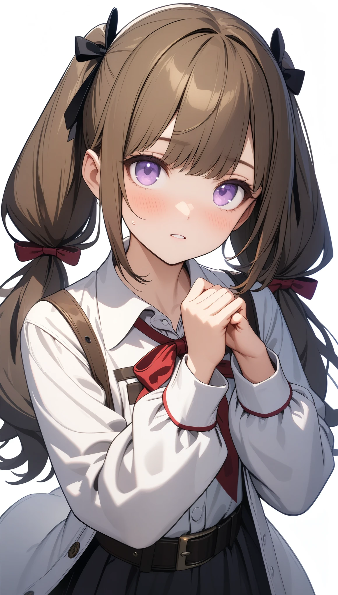 32k, best quality, ultra high res, HDR, UHD, extremely detailed CG, unity 32k wallpaper, (One girl), masterpiece, highest quality, Ultra-fine illustrations, Very cute girl, Highly detailed beautiful face, View your viewers, One girl, belt, close, View your viewers, 4K, High resolution, ribbon, A wild misunderstanding, blush, throw, Twin tail hair, White Background, Simple Background, Thick outline, Purple eyes, (sleep), Brown Hair, Little, love expression, ((Brown Hair)), (Blood),