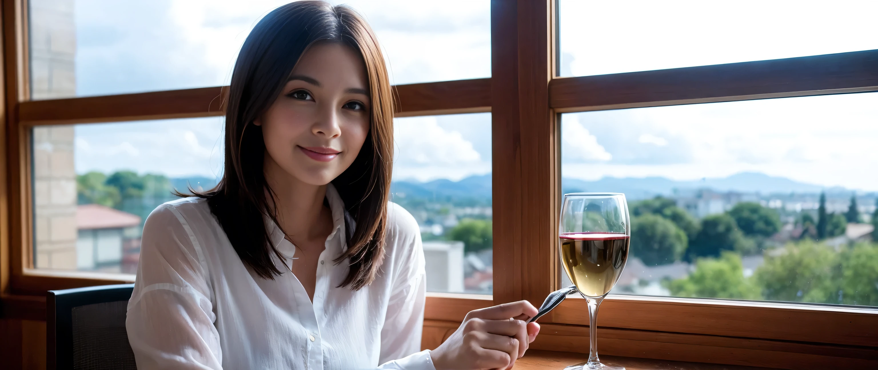 ((highest quality、8k、masterpiece:1.3))、Sharp focus:1.2、Beautiful woman perfect body:1.4、Slim body、((Bob Hale、Straight hair:1.2))、(to be born, highest quality, masterpiece:1.5), (Realistic, Intricate details:1.2), Wine glass on the table、shine a light on your face、 Amazing view of the sunset sky and clouds、Amazing mountain views、A bright smile、A lovely woman with a smile、Bright image、2. The beauty of wine, Beautiful Face, blue eyes, The light shines on your face, Blushing, short hair,Bright Face、Fox face、 (43 years old), 39 years old, Lady、red wine 、Appetizers、Italian food、Wine bottle、Champagne、sparkling wine、Two beauties、Brown Hair、Shortcuts、Long sleeve shirt、dress、Pretty Woman 1, (Slim face), (The body is slim), (Brown Hair), (Shortcuts), cheeks turn a little red,Attractive beauty、, Out of the window, A beautiful and detailed night view unfolds.........., restaurant, In a prominent place (From the waist up) Nova Frog Style, actress, model, Upper Body, White wine, slim, wine glass, A wine glass placed in the middle, smile, (smile: 1.15), Beautiful fine grain, Depth f/2,saturation, High Contrast, Strong light and shadow,Moist Body:1.5、3D texture、Delicate eyes、Brown Hair、The hair is very shiny、