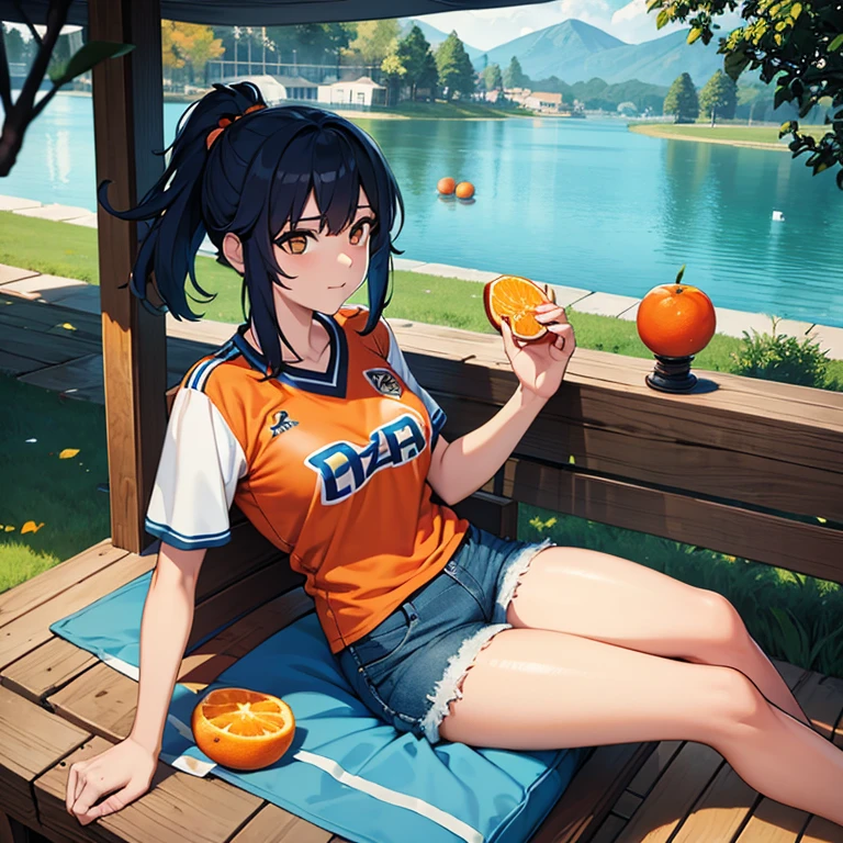 Denim shorts , football shirt , beautiful , 1 woman is eating an orange, lake, sits , sun , 8K best graphics best details,