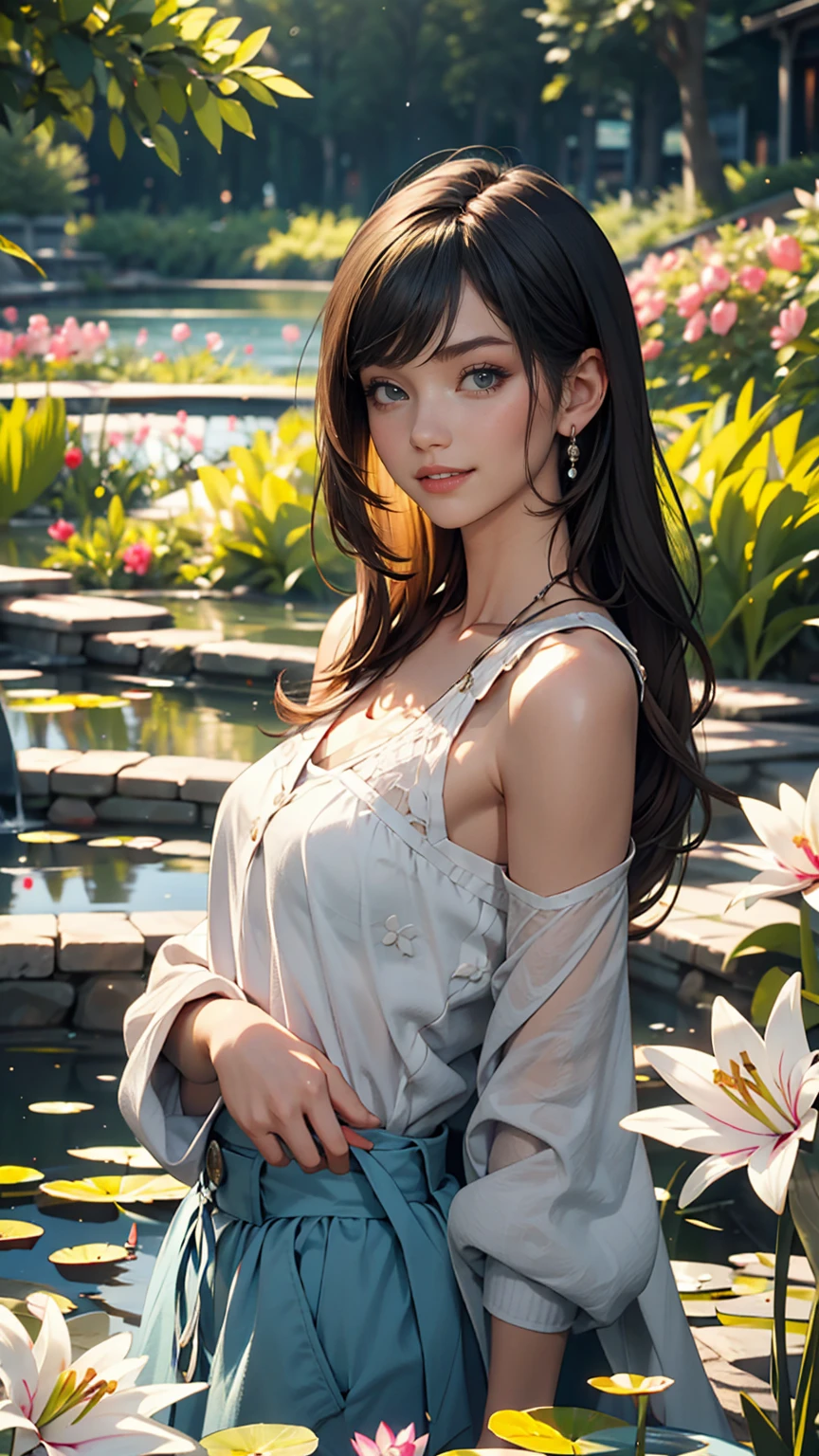 Lily Pond、A young lady&#39;s misty blue classical skirt, vest and cavalier blouse、French woman、White、Silver Hair、blue eyes、Wavy hair、Smile