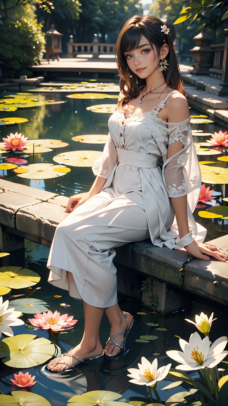 Lily Pond、A young lady's misty blue classical skirt, vest and cavalier blouse、French woman、White、Silver Hair、blue eyes、Wavy hair、Smile