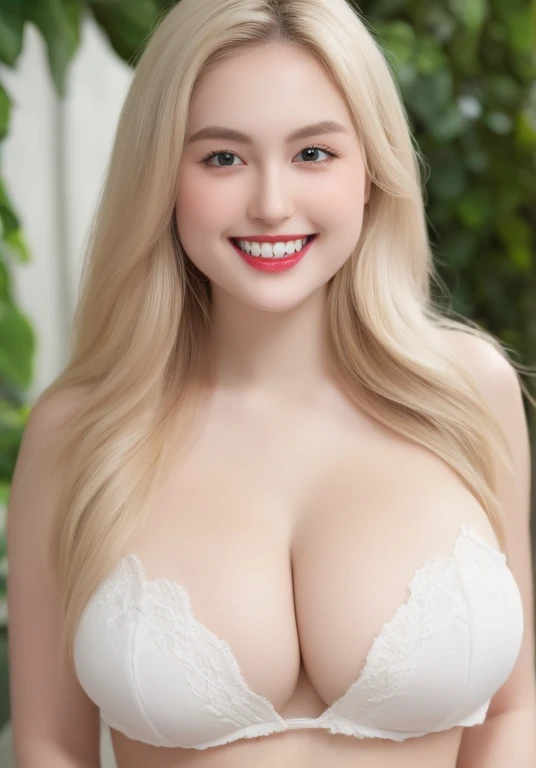 (realistic、masterpiece、Best Quality、8K、highres、white background, high resolution:1.3)、1 chubby girl:1.3), (grin smile, show teeth:1.3),((gigantic sagging breasts:1.5)),, looking at viewers, white lace bikini、pale white skin、very blond hair ,very pale skin, extremely pale blonde hair, ivory pale skin, very white skin, pale skin, very pale white skin, very pale white skin,white skin and pale porcelain, white and pale skin, fair and pale skin!!,  long blonde hair, looking at viewers、super fine face and eyes、long blonde hair、 ((full breasts:1.3)), indoor、 upper body,