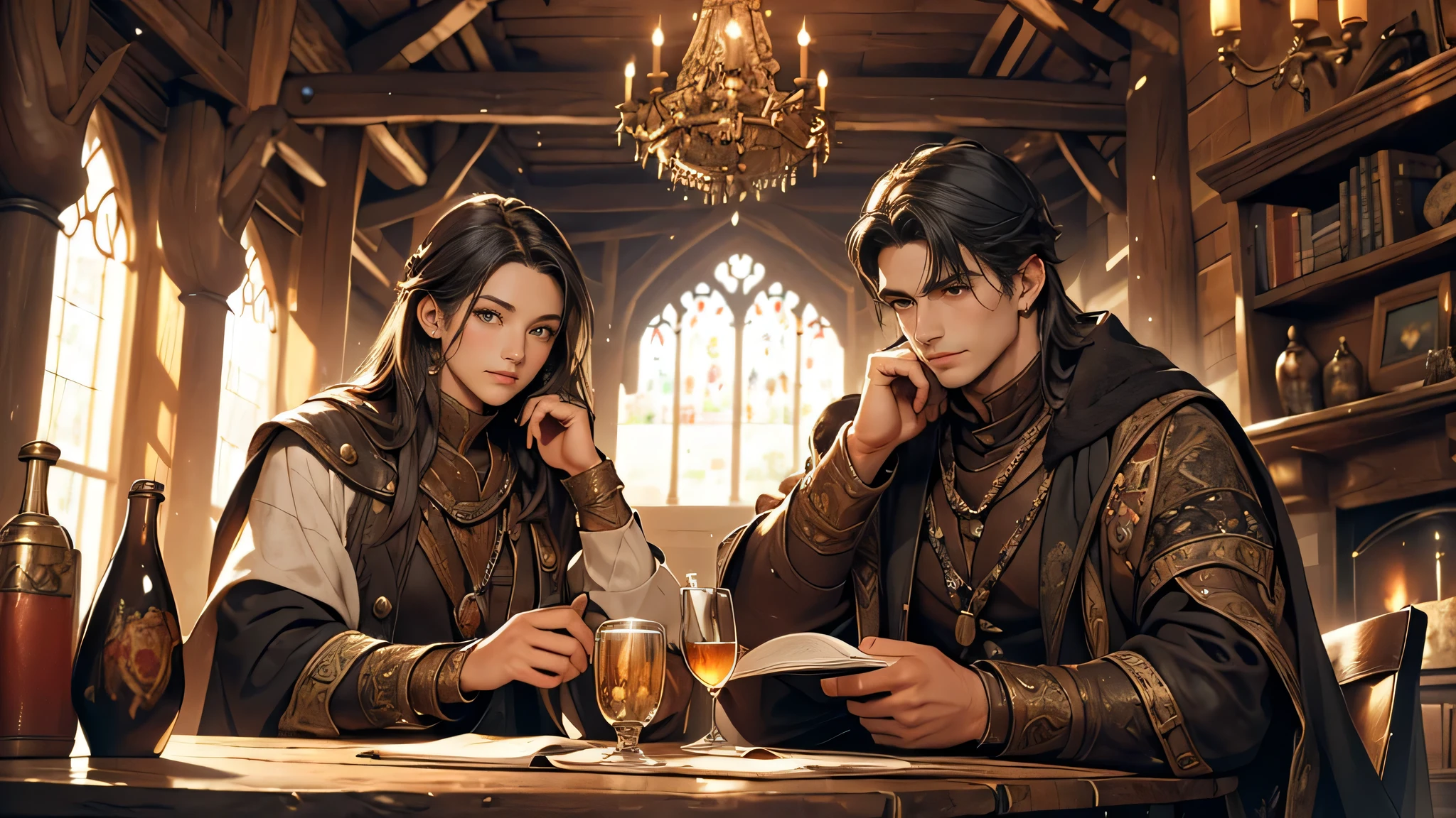 (highres,masterpiece:1.2),ultra-detailed,medieval fantasy,a girl with long black braided hair,talkative demeanor,expressive face,living room setting,adventure clothes in black,eye-catching outfit,sturdy leather boots,young man in shabby white clothes,genuine expression,cozy atmosphere,aged wooden furniture,elaborate decorations on the walls,vibrant tapestries,crackling fireplace,historical charm,bookshelf filled with ancient manuscripts,worn-out leather armchairs,high vaulted ceiling with exposed wooden beams,mysterious artifacts and weapons displayed along the walls,sunlight filtering through stained glass windows,oakwood dining table,unusual medieval-themed decorations,artificially aged antique mirror,curtains made of rich velvet fabric,intricate patterns,deep color palette,soft and warm lighting,peaceful ambiance,engrossed in conversation.
